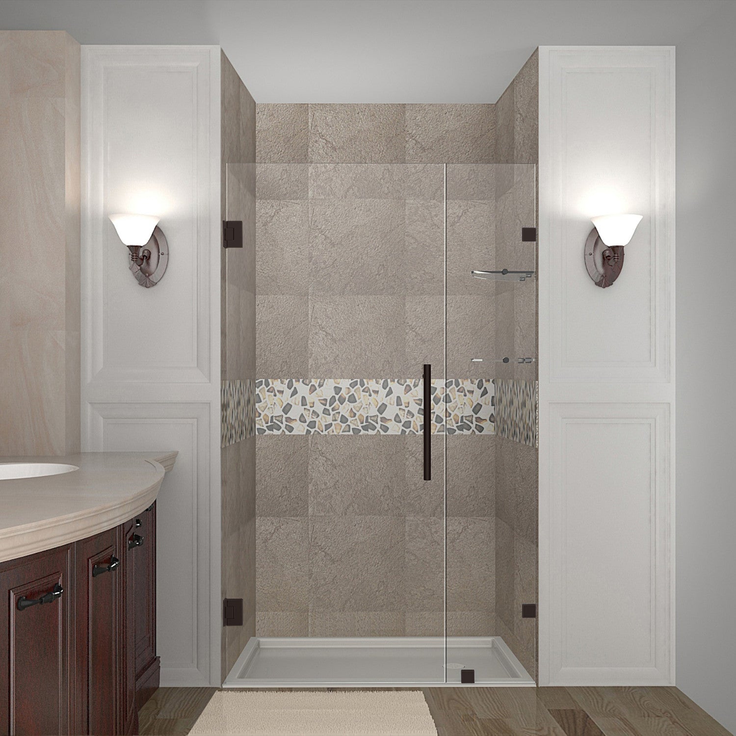 Nautis GS 47.25 in. to 48.25 in. W x 72 in. H Frameless Hinged Shower Door with Clear Glass and Glass Shelves in Bronze 1