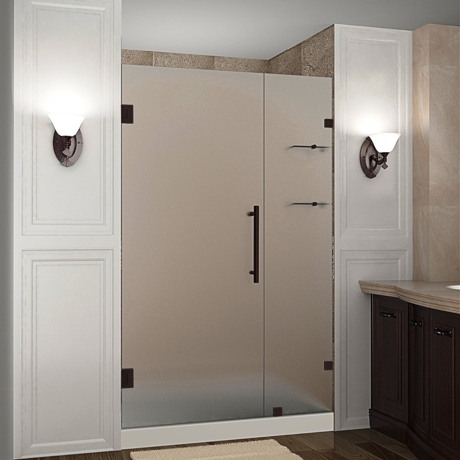 Nautis GS 52.25 in. to 53.25 in. W x 72 in. H Frameless Hinged Shower Door with Frosted Glass and Glass Shelves in Bronze 1