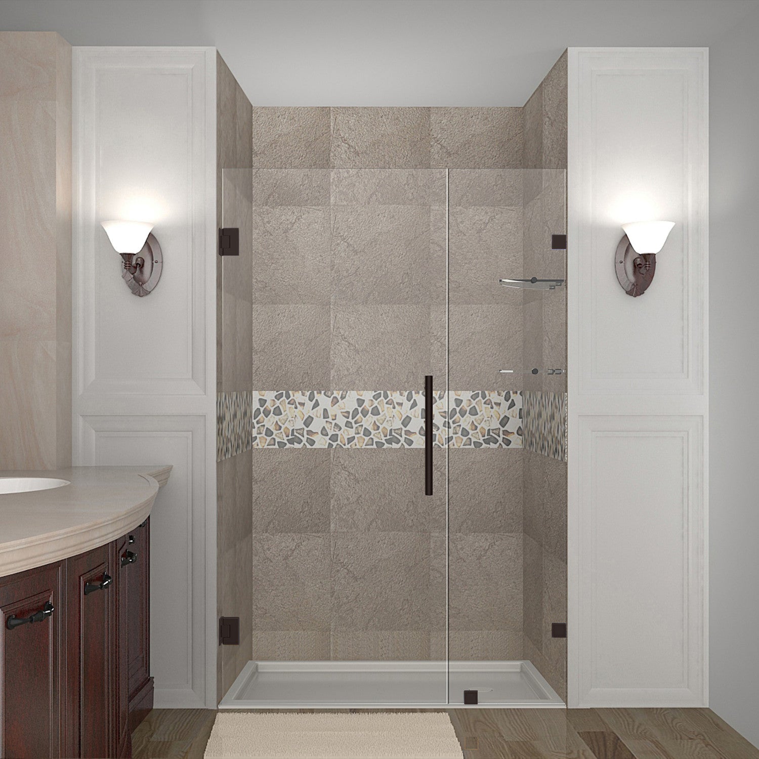 Nautis GS 60.25 in. to 61.25 in. W x 72 in. H Frameless Hinged Shower Door with Clear Glass and Glass Shelves in Bronze 1
