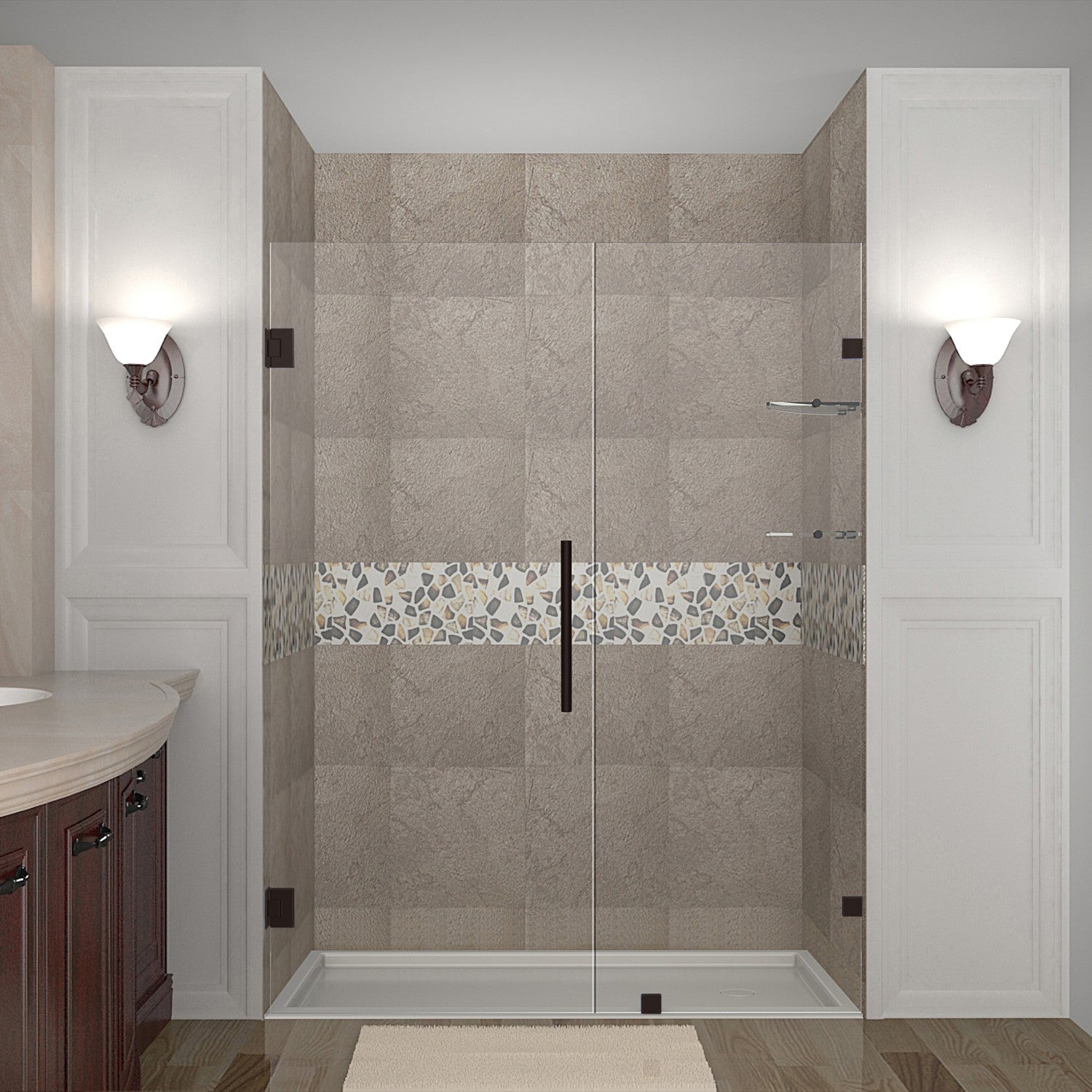 Nautis GS 75.25 in. to 76.25 in. W x 72 in. H Frameless Hinged Shower Door with Clear Glass and Glass Shelves in Bronze 1