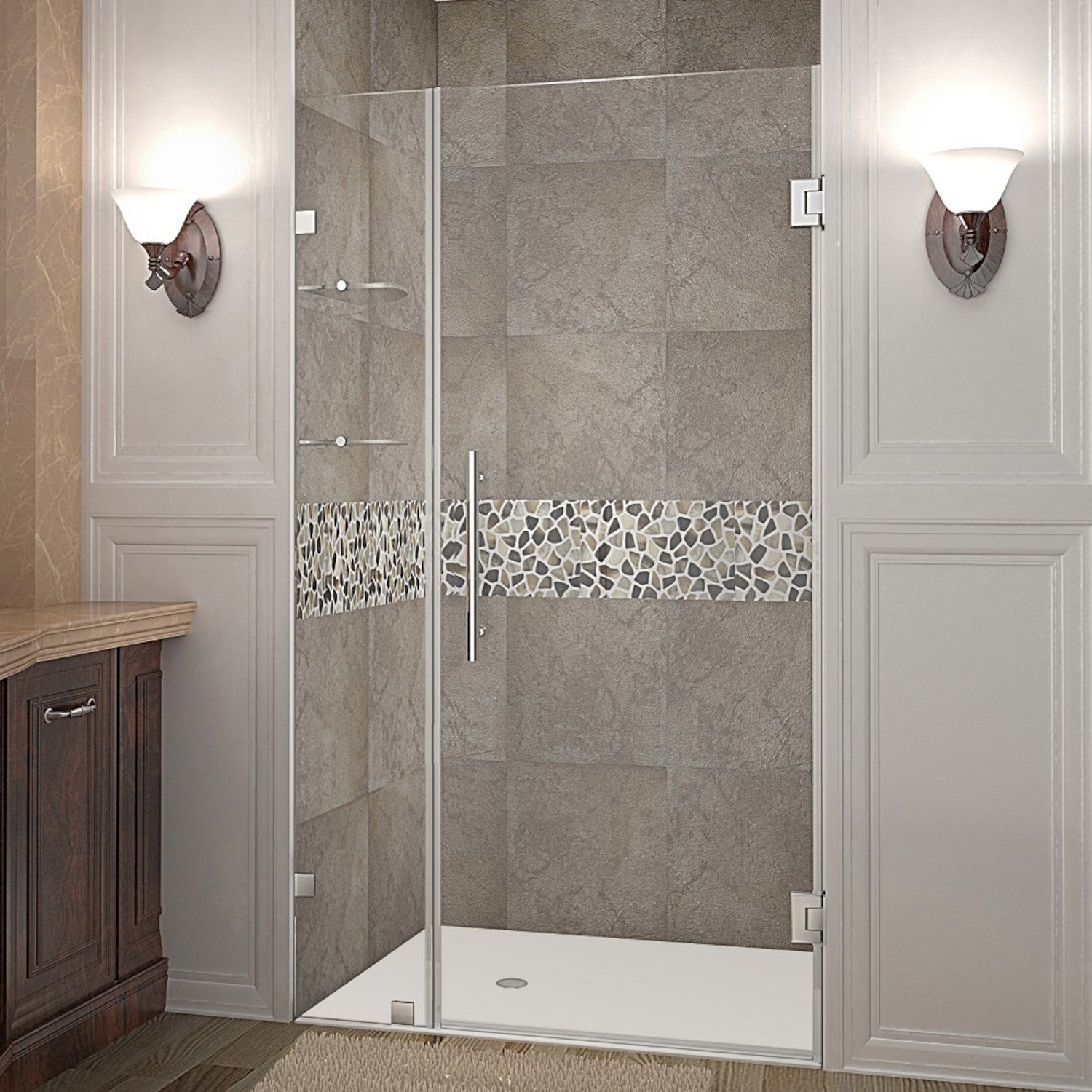 Nautis GS 36.25 in. to 37.25 in. W x 72 in. H Frameless Hinged Shower Door with Clear Glass and Glass Shelves in Stainless Steel 1