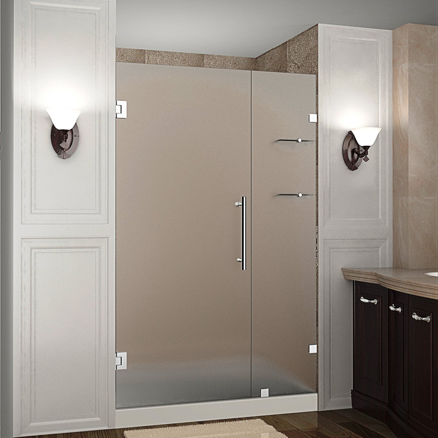 Nautis GS 43.25 in. to 44.25 in. W x 72 in. H Frameless Hinged Shower Door with Frosted Glass and Glass Shelves in Stainless Steel 1