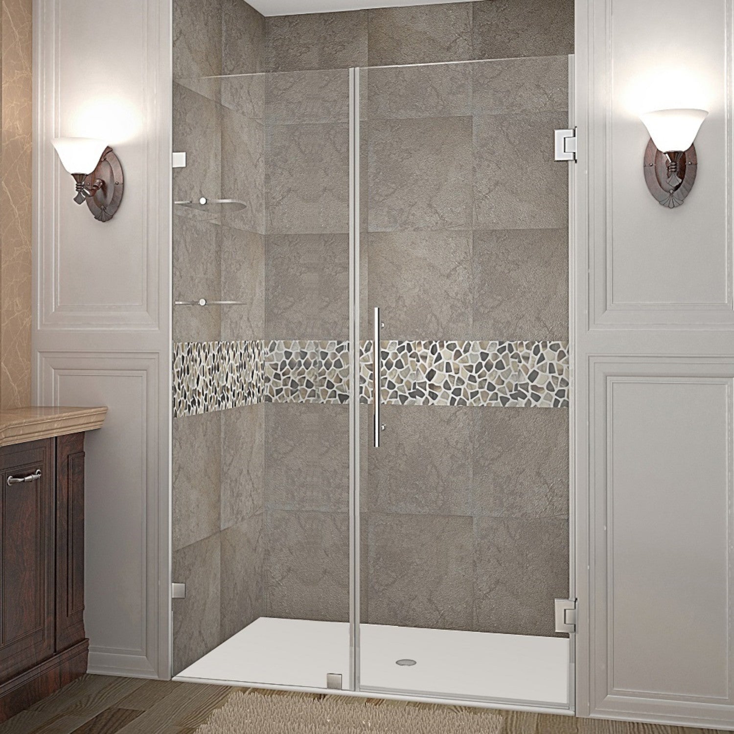 Nautis GS 43.25 in. to 44.25 in. W x 72 in. H Frameless Hinged Shower Door with Clear Glass and Glass Shelves in Stainless Steel 1