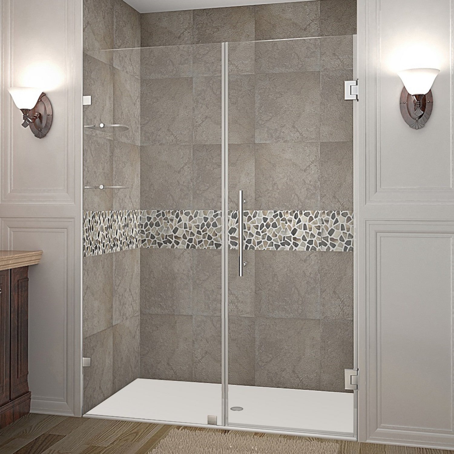 Nautis GS 58.25 in. to 59.25 in. W x 72 in. H Frameless Hinged Shower Door with Clear Glass and Glass Shelves in Stainless Steel 1