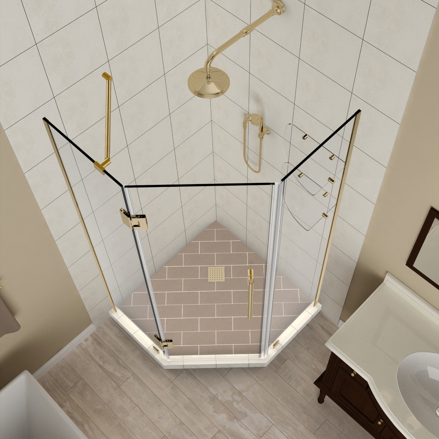 Merrick GS 34 in. W x 34 in. D x 72 in. H Frameless Neo-Angle Hinged Shower Enclosure with Clear Glass and Glass Shelves in Brushed Gold 2