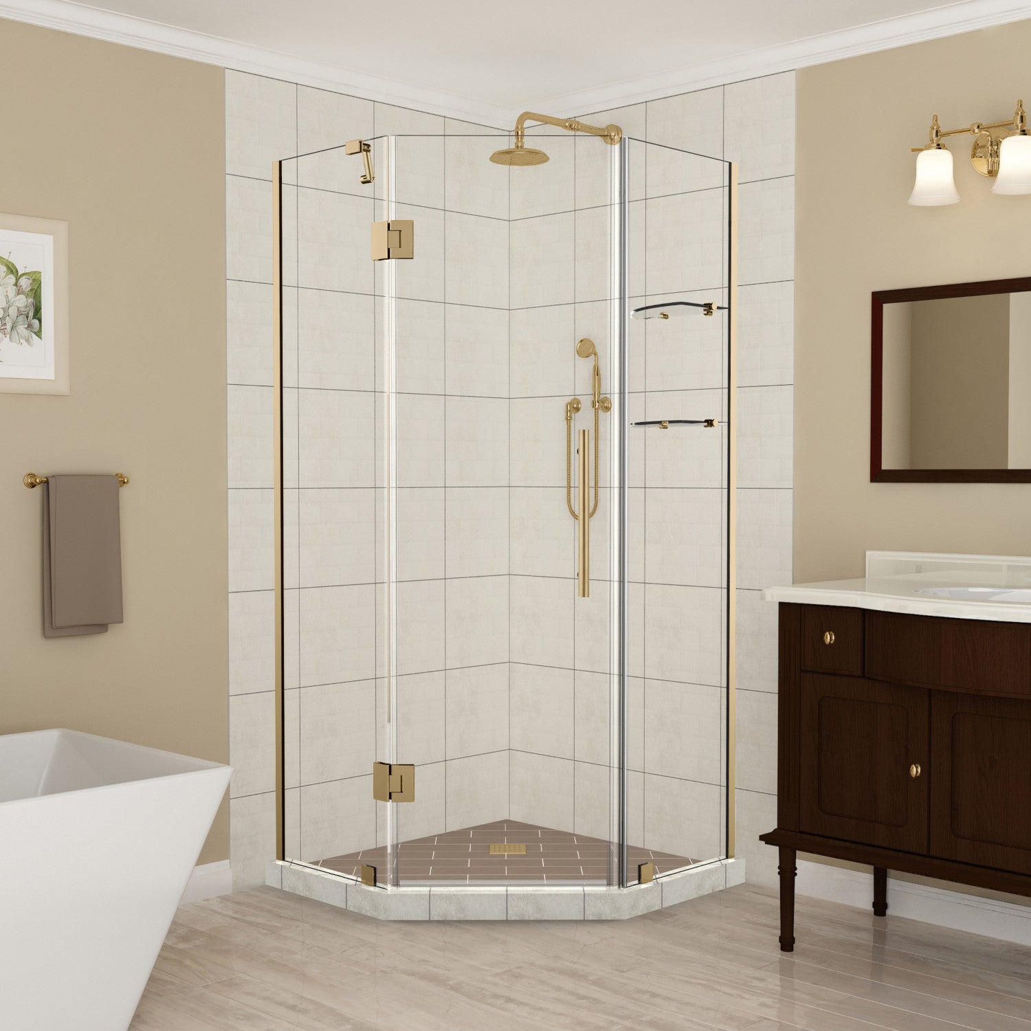 Merrick GS 36 in. W x 36 in. D x 72 in. H Frameless Neo-Angle Hinged Shower Enclosure with Clear Glass and Glass Shelves in Brushed Gold 1
