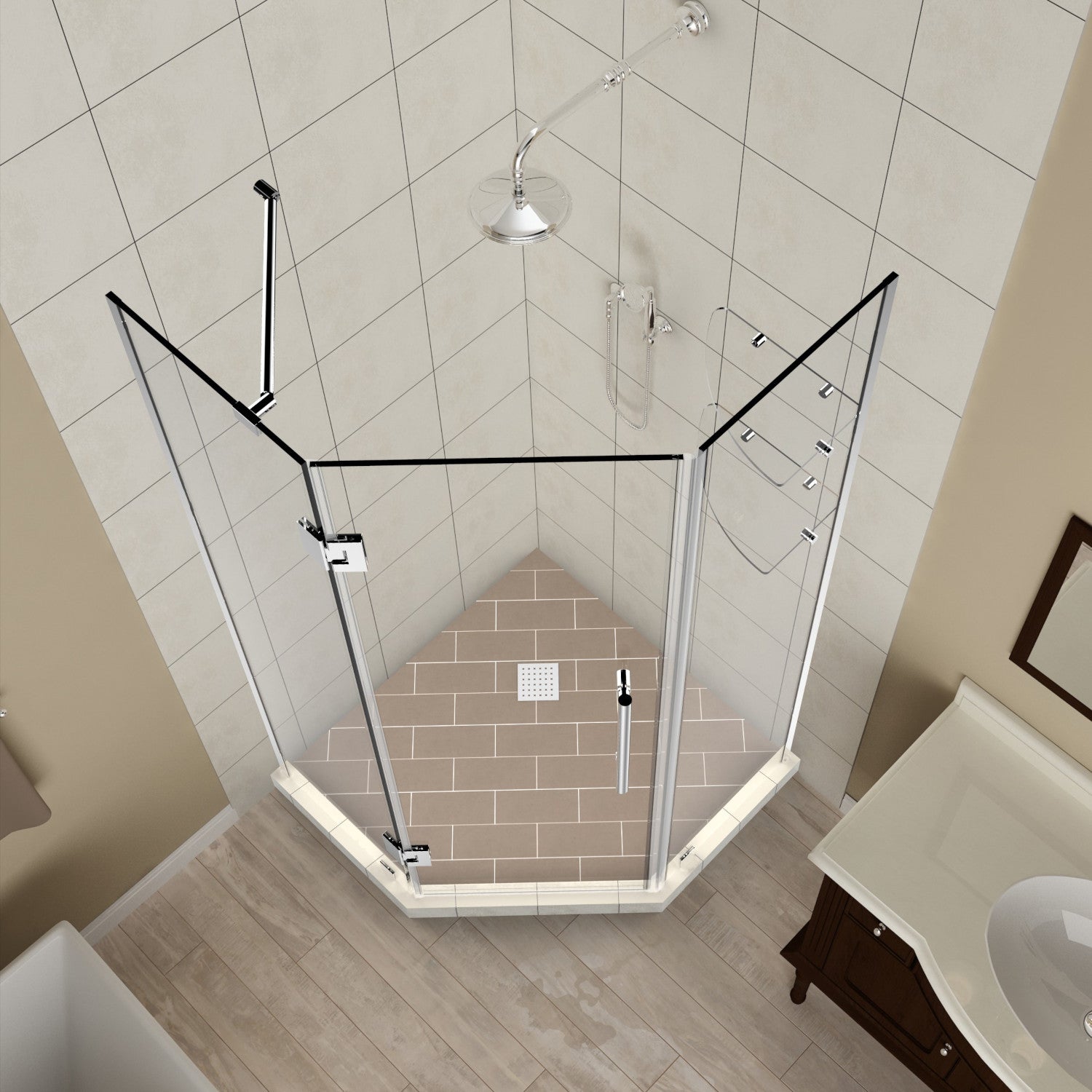 Merrick GS 40 in. W x 40 in. D x 72 in. H Frameless Neo-Angle Hinged Shower Enclosure with Clear Glass and Glass Shelves in Chrome 2