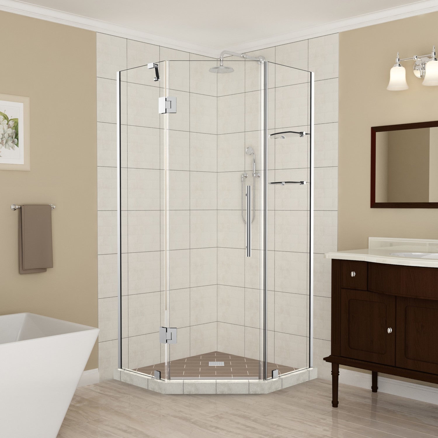 Merrick GS 42 in. W x 42 in. D x 72 in. H Frameless Neo-Angle Hinged Shower Enclosure with Clear Glass and Glass Shelves in Chrome 1