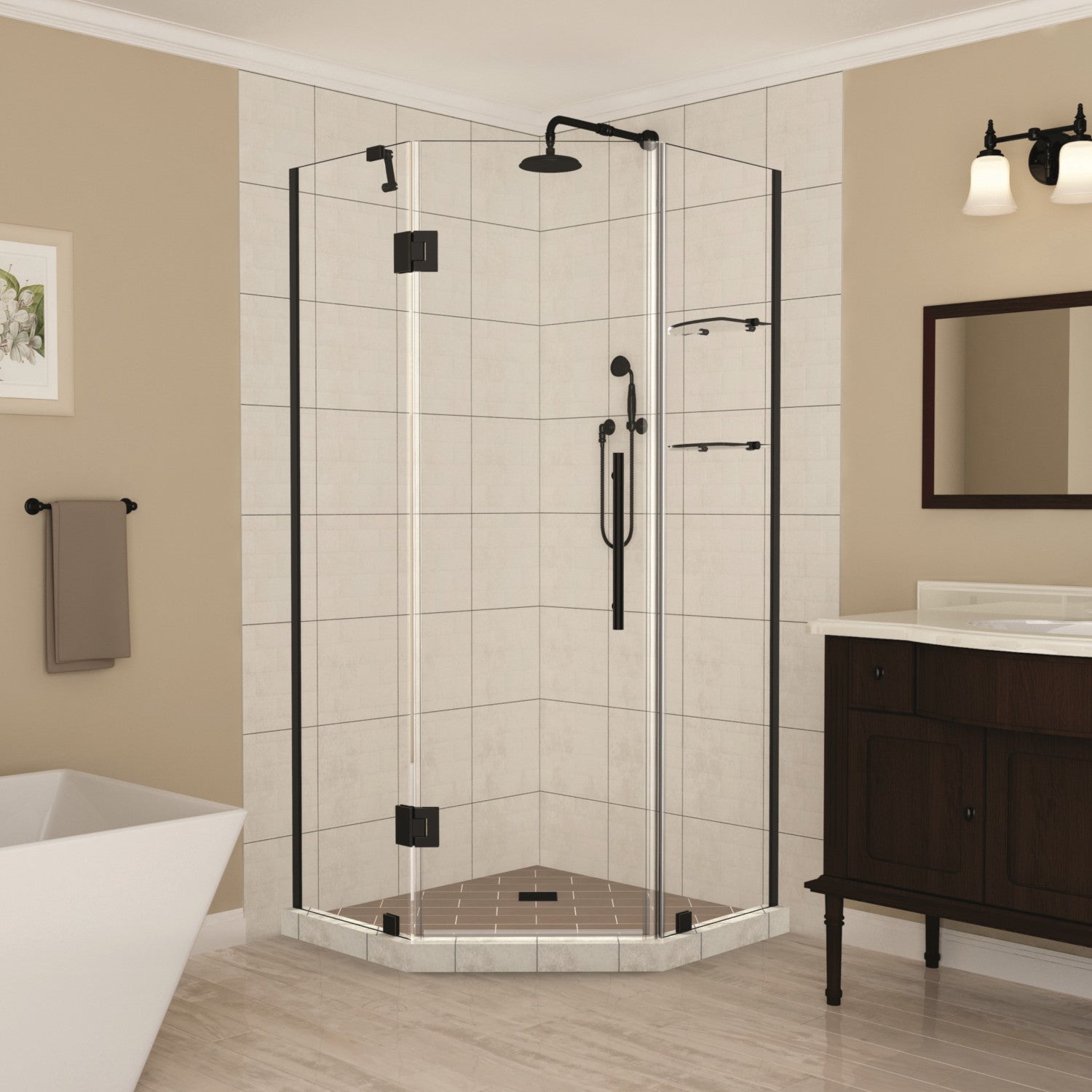 Merrick GS 42 in. W x 42 in. D x 72 in. H Frameless Neo-Angle Hinged Shower Enclosure with Clear Glass and Glass Shelves in Matte Black 1