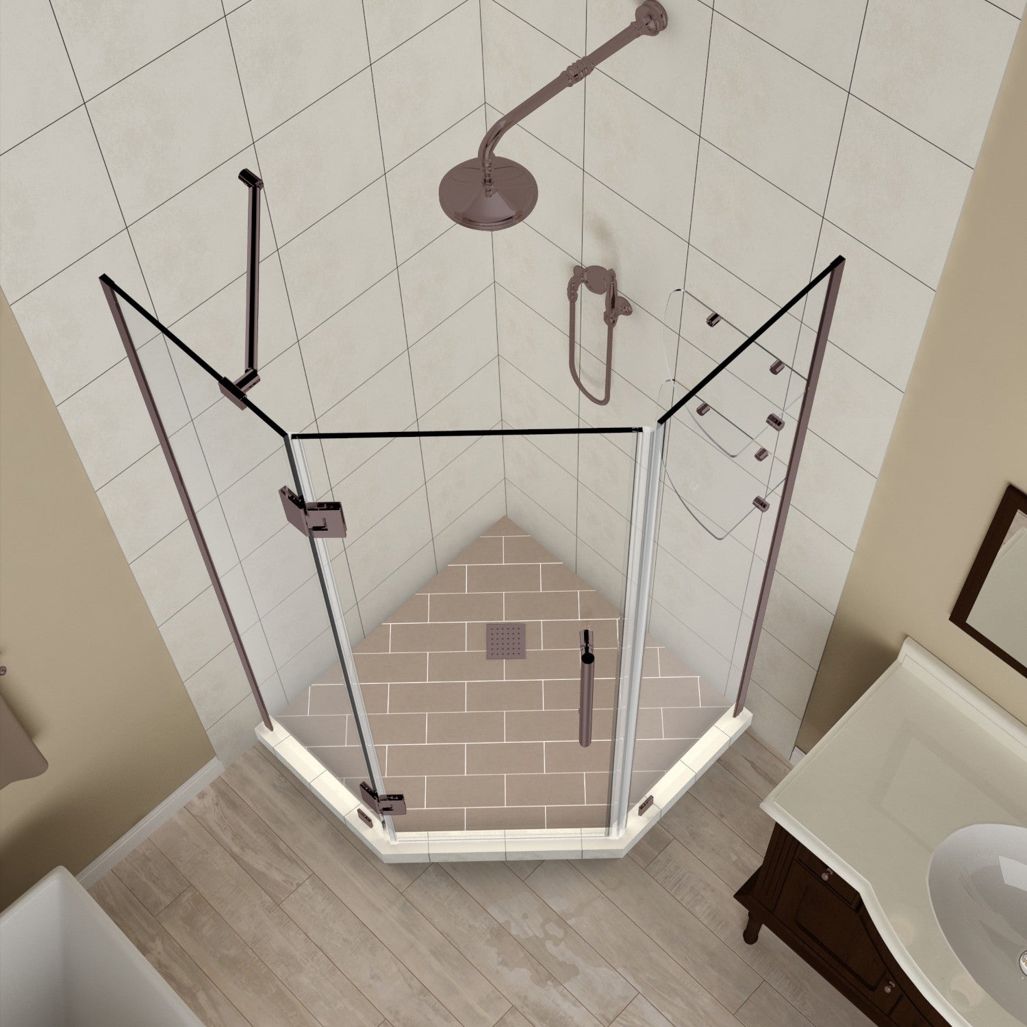 Merrick GS 40 in. W x 40 in. D x 72 in. H Frameless Neo-Angle Hinged Shower Enclosure with Clear Glass and Glass Shelves in Bronze 2