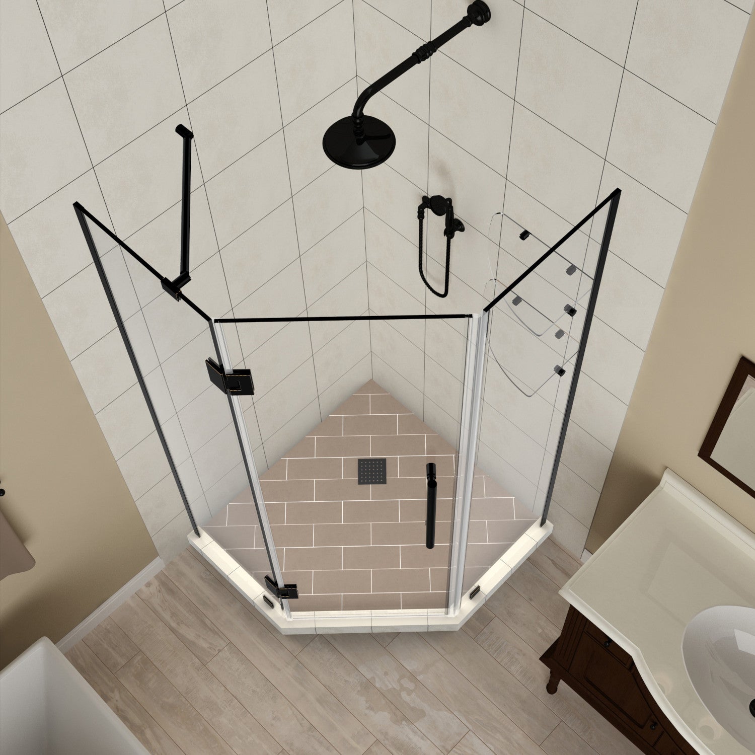 Merrick GS 36 in. W x 36 in. D x 72 in. H Frameless Neo-Angle Hinged Shower Enclosure with Clear Glass and Glass Shelves in Oil Rubbed Bronze 2