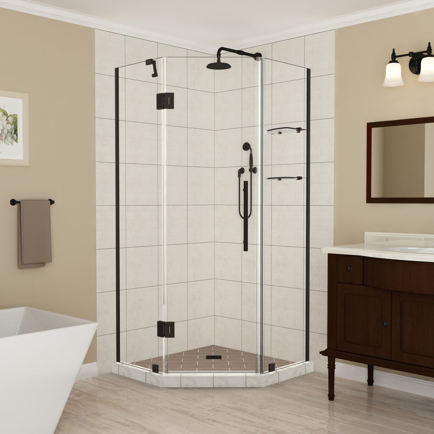 Merrick GS 38 in. W x 38 in. D x 72 in. H Frameless Neo-Angle Hinged Shower Enclosure with Clear Glass and Glass Shelves in Oil Rubbed Bronze 1