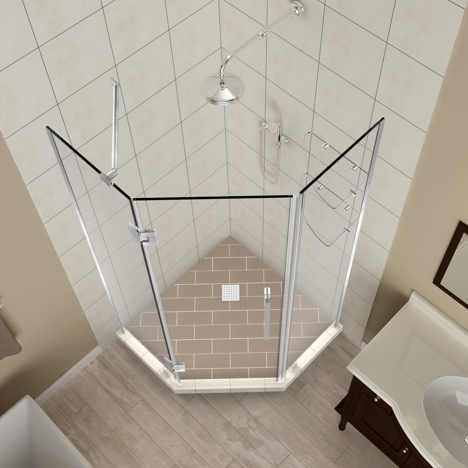Merrick GS 34 in. W x 34 in. D x 72 in. H Frameless Neo-Angle Hinged Shower Enclosure with Clear Glass and Glass Shelves in Stainless Steel 2