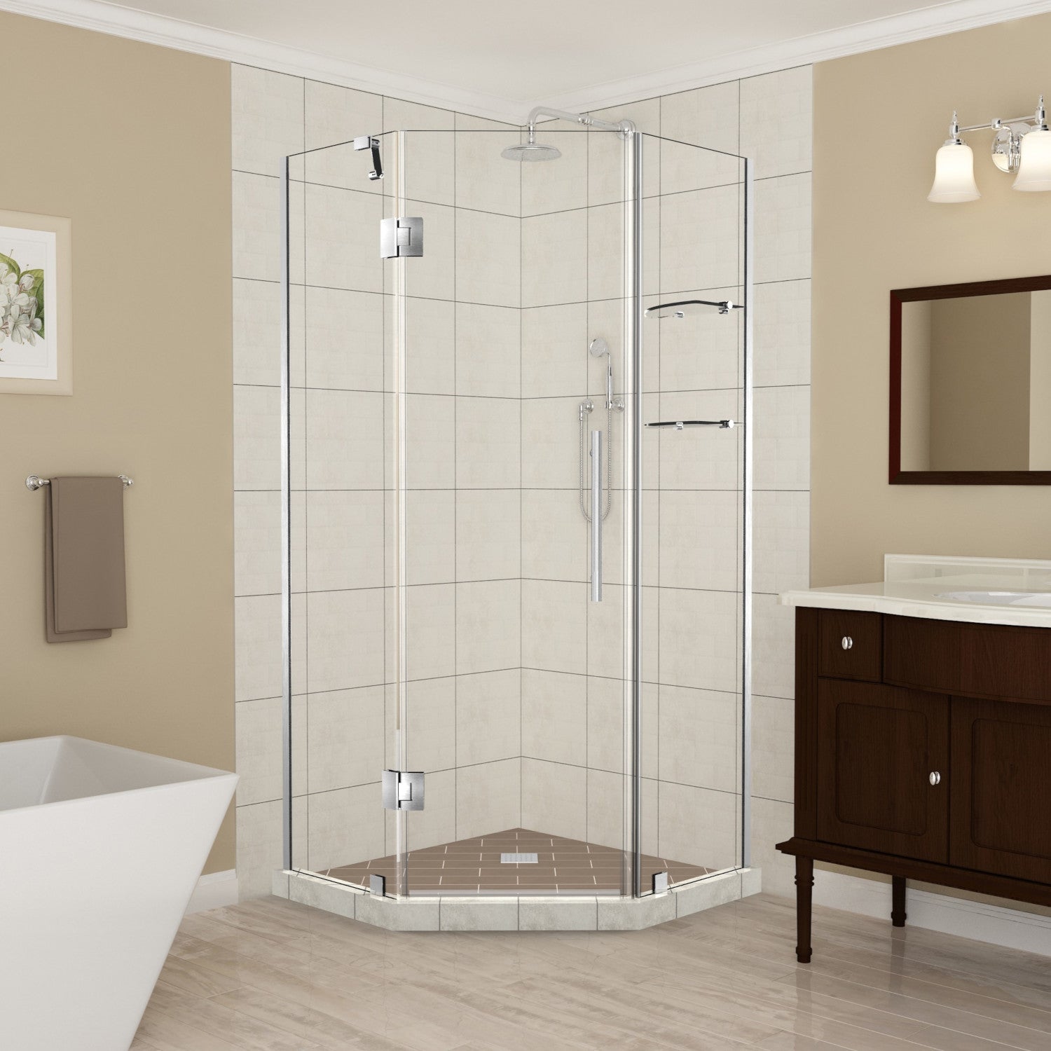 Merrick GS 42 in. W x 42 in. D x 72 in. H Frameless Neo-Angle Hinged Shower Enclosure with Clear Glass and Glass Shelves in Stainless Steel 1