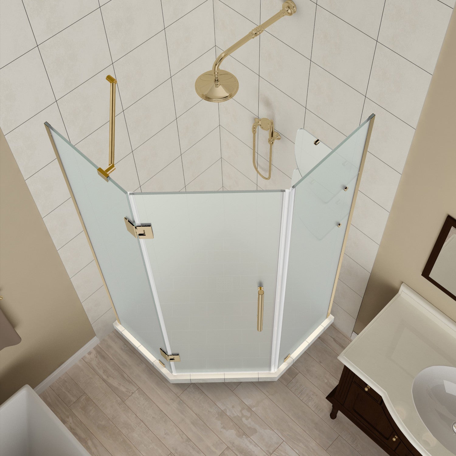 Merrick GS 36 in. W x 36 in. D x 72 in. H Frameless Neo-Angle Hinged Shower Enclosure with Frosted Glass and Glass Shelves in Brushed Gold 2
