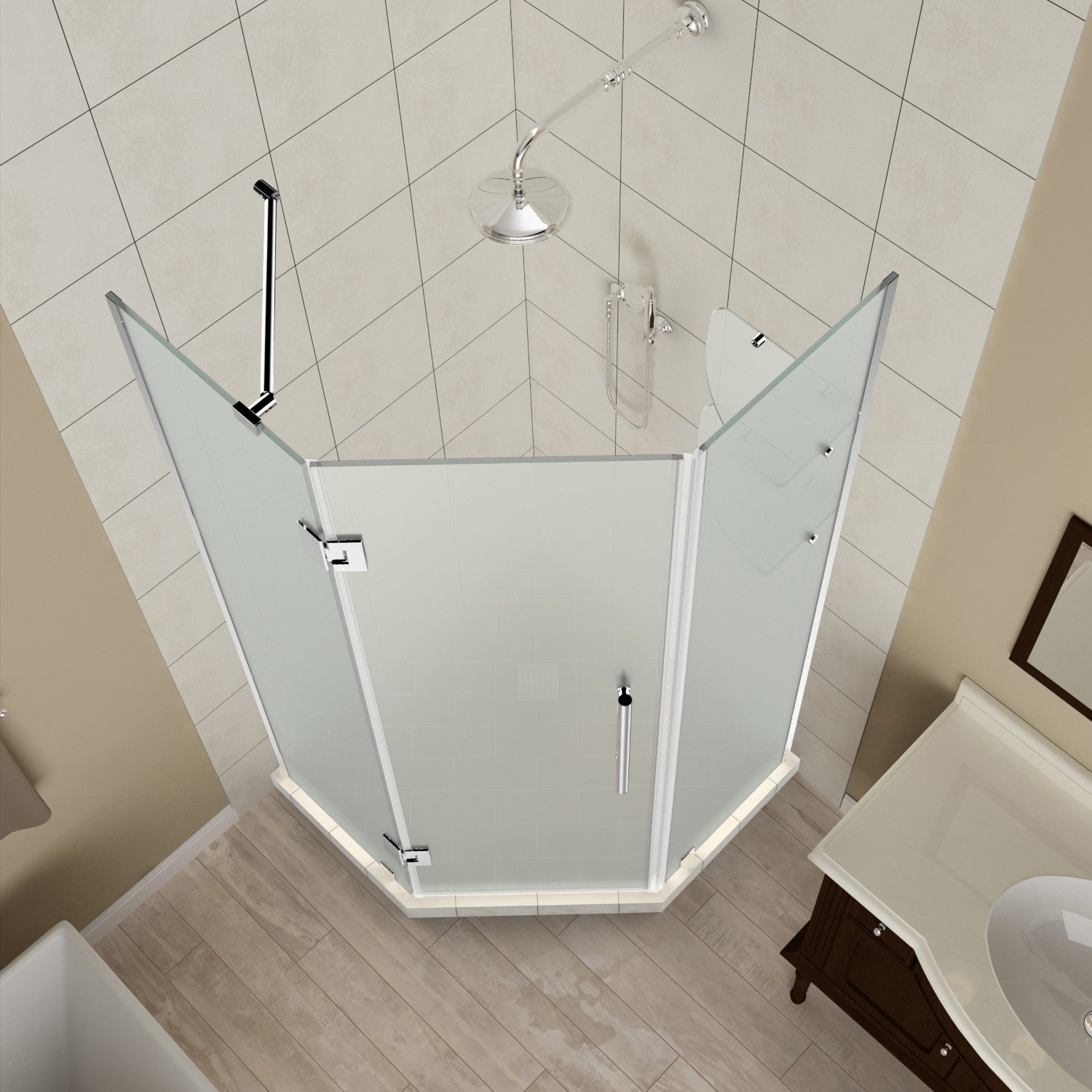 Merrick GS 34 in. W x 34 in. D x 72 in. H Frameless Neo-Angle Hinged Shower Enclosure with Frosted Glass and Glass Shelves in Chrome 2