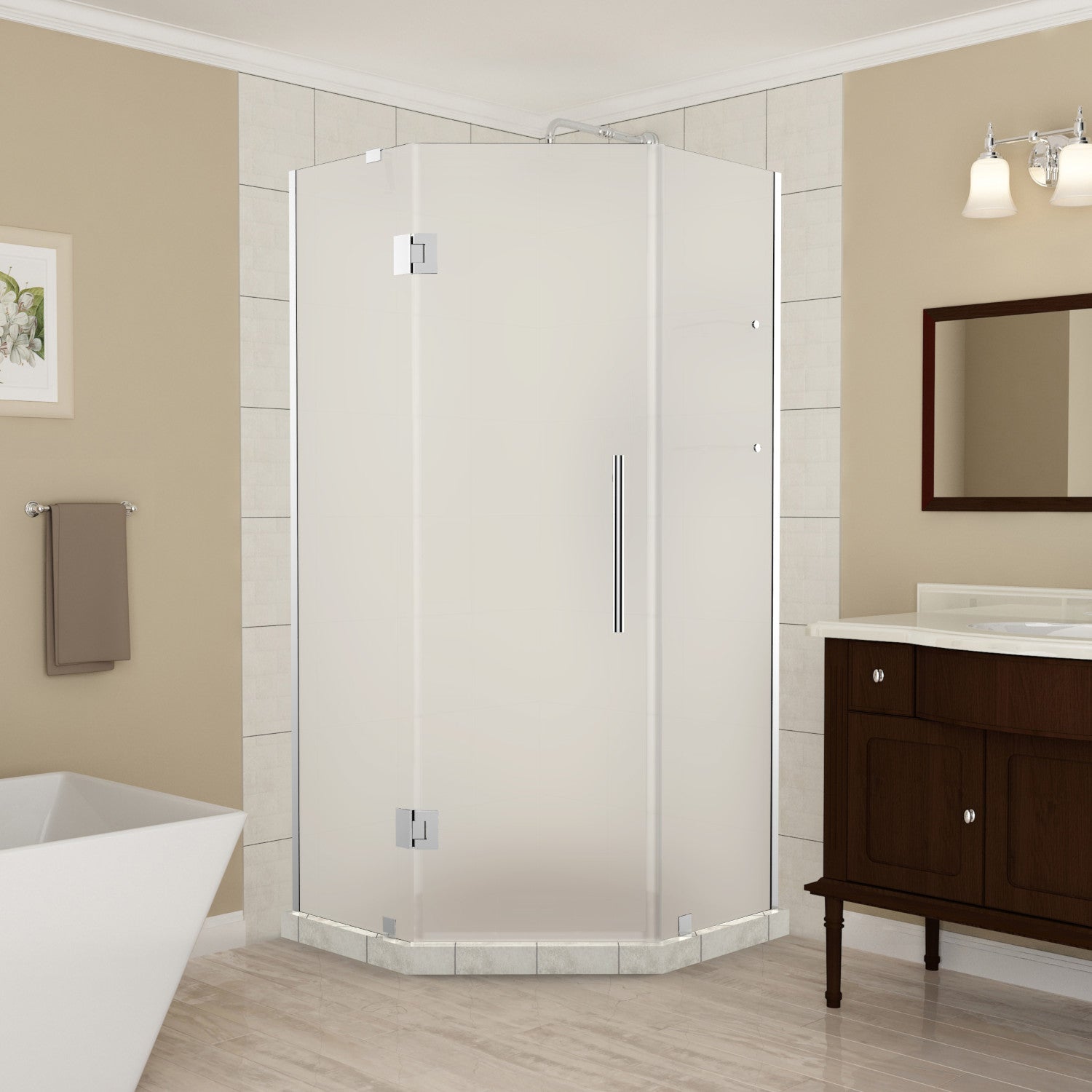 Merrick GS 42 in. W x 42 in. D x 72 in. H Frameless Neo-Angle Hinged Shower Enclosure with Frosted Glass and Glass Shelves in Chrome 1
