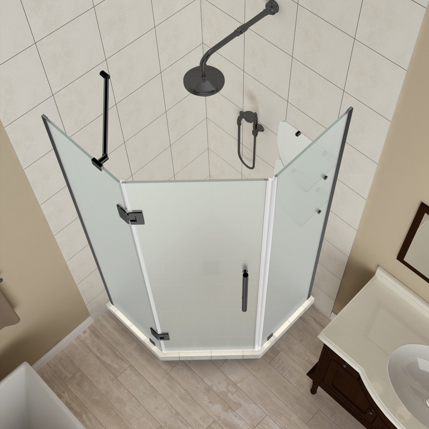 Merrick GS 38 in. W x 38 in. D x 72 in. H Frameless Neo-Angle Hinged Shower Enclosure with Frosted Glass and Glass Shelves in Matte Black 2