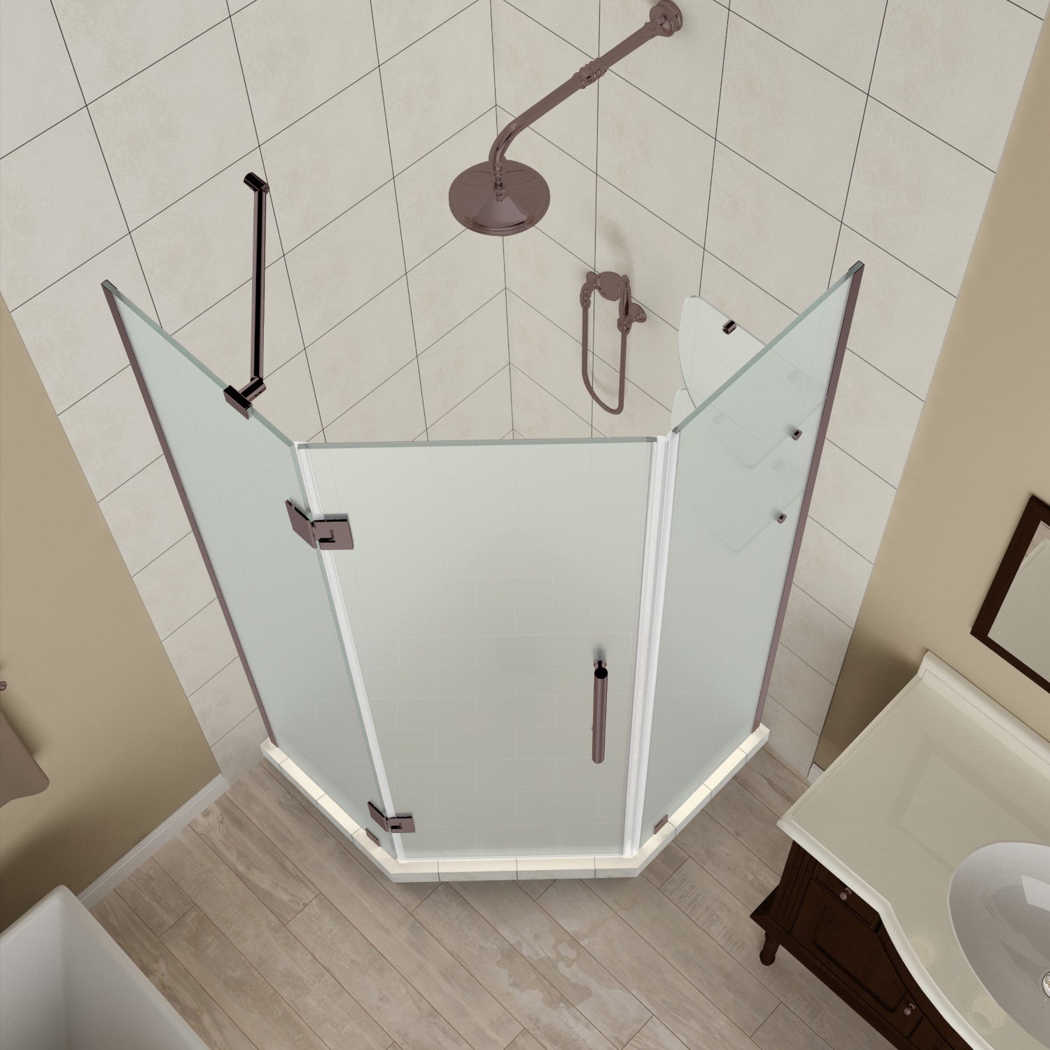 Merrick GS 38 in. W x 38 in. D x 72 in. H Frameless Neo-Angle Hinged Shower Enclosure with Frosted Glass and Glass Shelves in Bronze 2