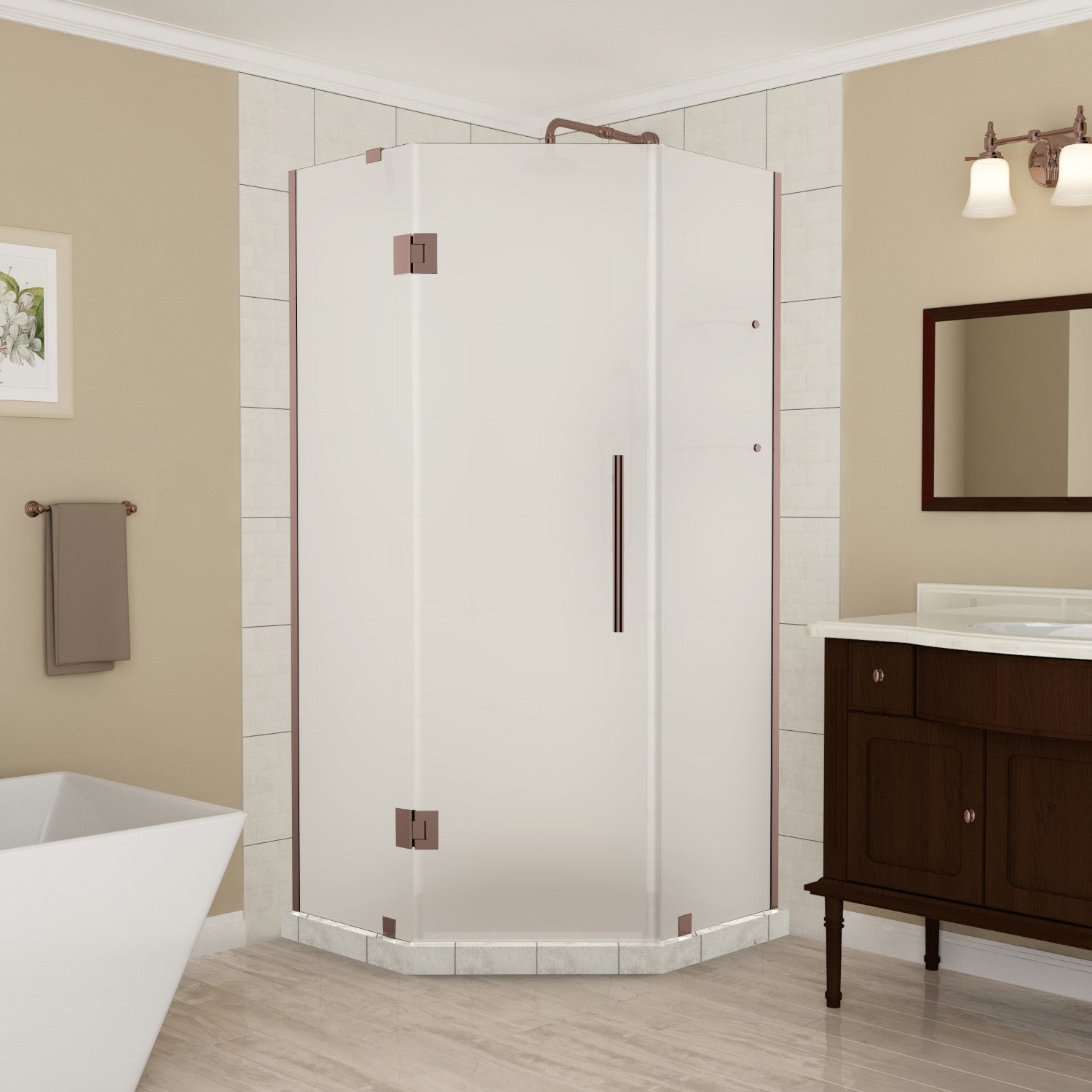 Merrick GS 42 in. W x 42 in. D x 72 in. H Frameless Neo-Angle Hinged Shower Enclosure with Frosted Glass and Glass Shelves in Bronze 1