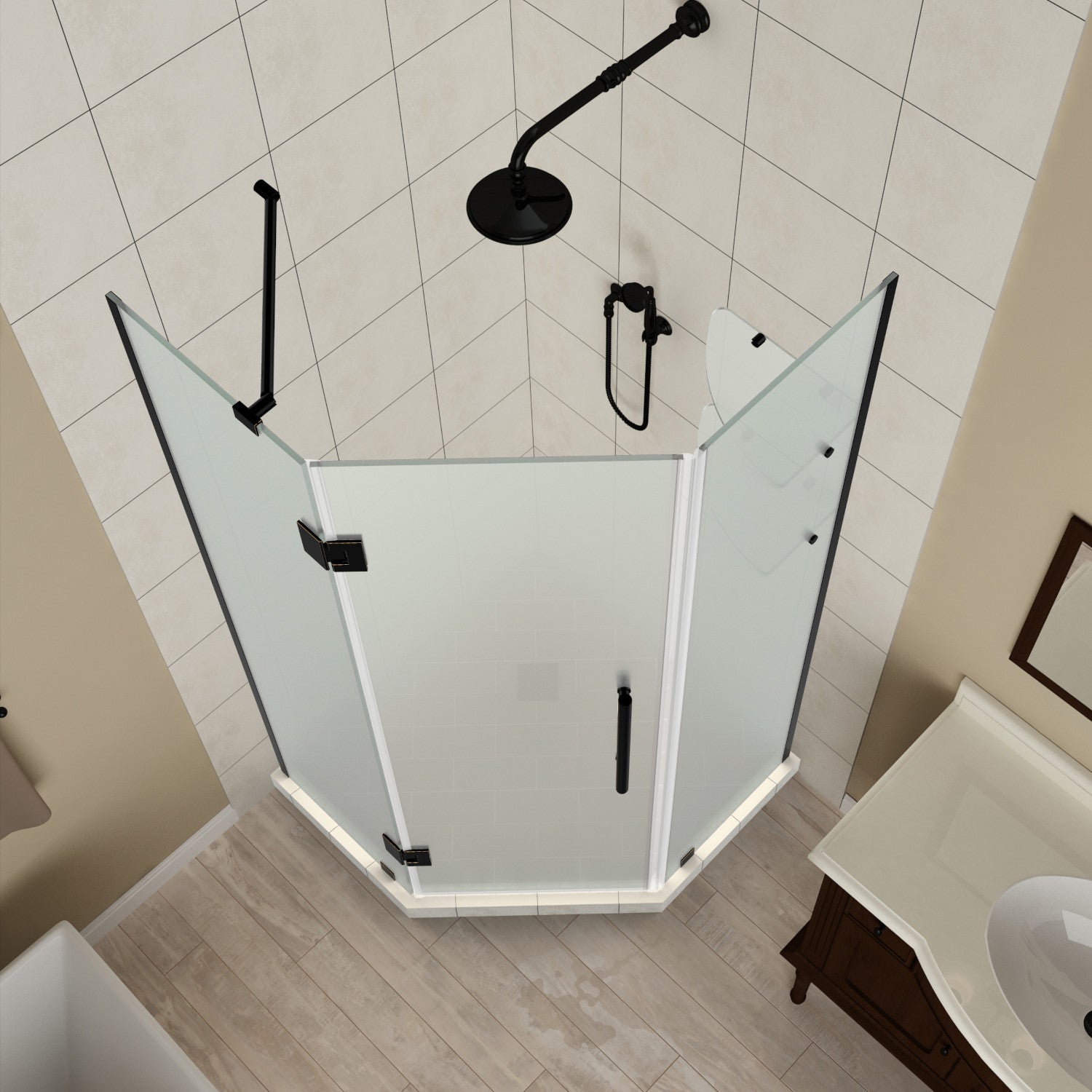Merrick GS 42 in. W x 42 in. D x 72 in. H Frameless Neo-Angle Hinged Shower Enclosure with Frosted Glass and Glass Shelves in Oil Rubbed Bronze 2