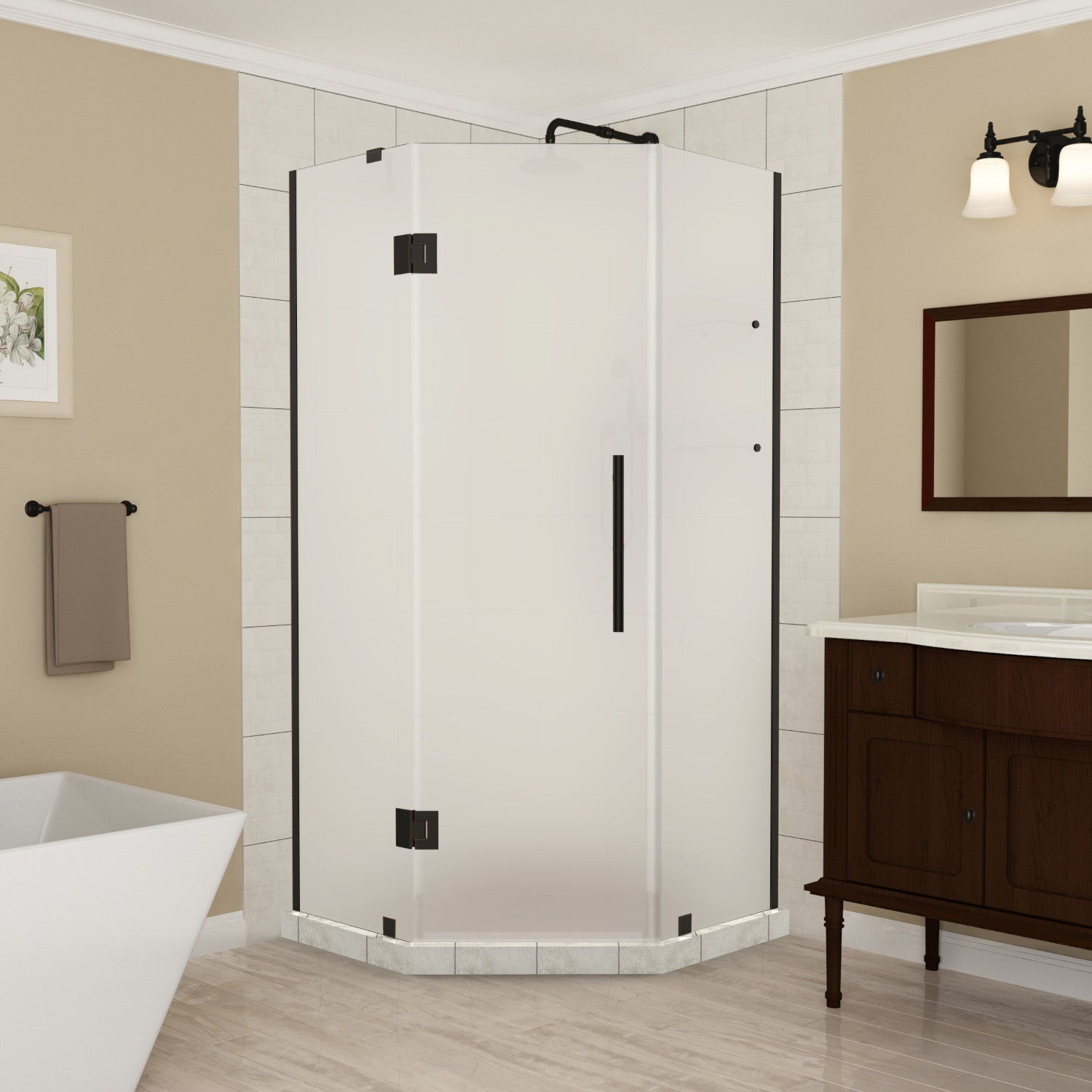 Merrick GS 42 in. W x 42 in. D x 72 in. H Frameless Neo-Angle Hinged Shower Enclosure with Frosted Glass and Glass Shelves in Oil Rubbed Bronze 1