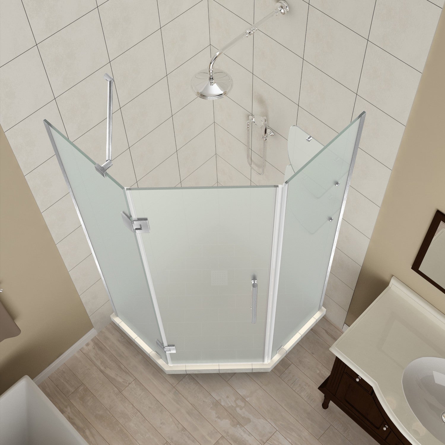 Merrick GS 40 in. W x 40 in. D x 72 in. H Frameless Neo-Angle Hinged Shower Enclosure with Frosted Glass and Glass Shelves in Stainless Steel 2
