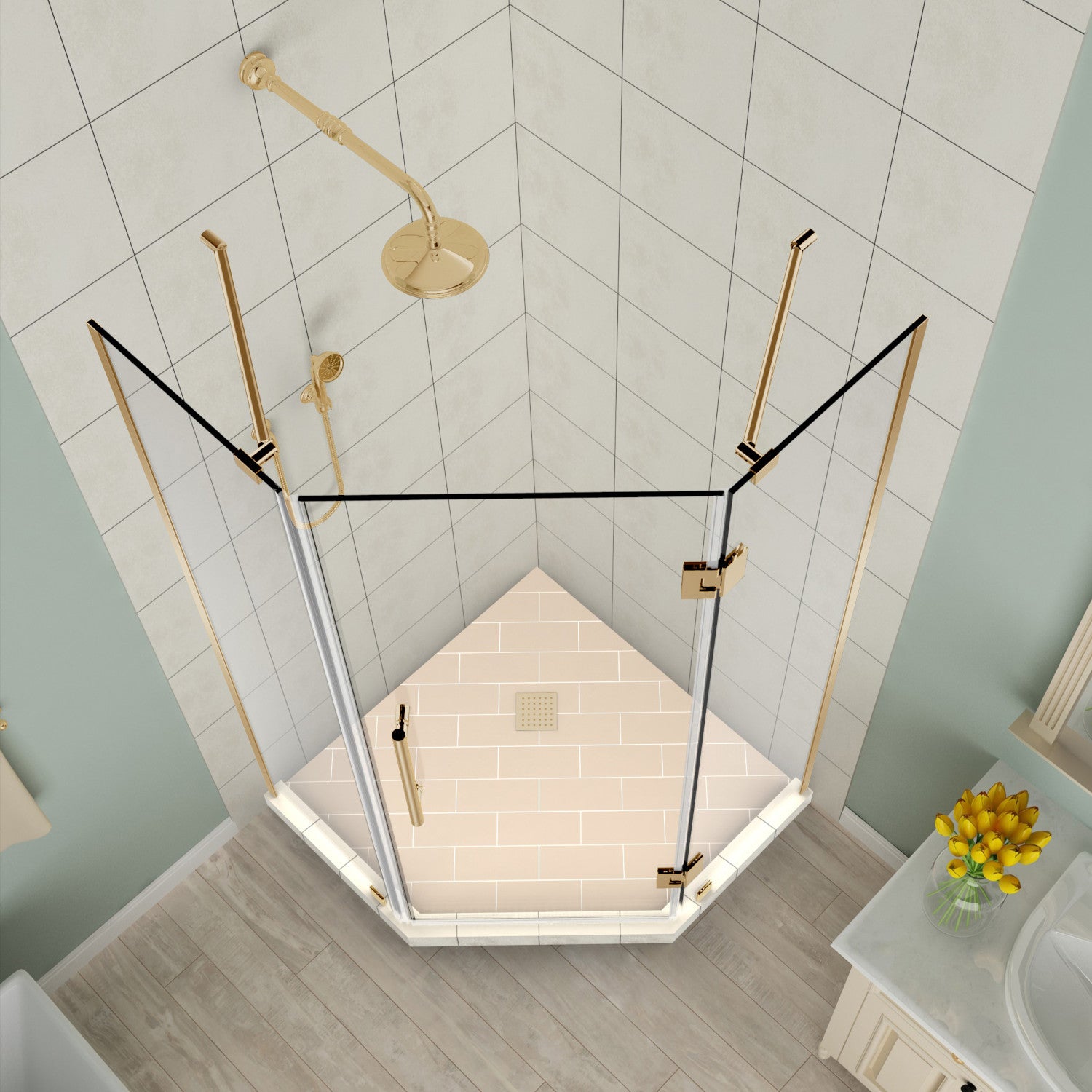 Merrick 38 in. W x 38 in. D x 72 in. H Frameless Neo-Angle Hinged Shower Enclosure with Clear Glass in Brushed Gold 2