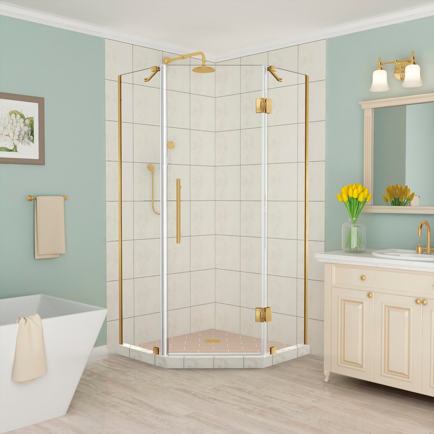Merrick 38 in. W x 38 in. D x 72 in. H Frameless Neo-Angle Hinged Shower Enclosure with Clear Glass in Brushed Gold 1