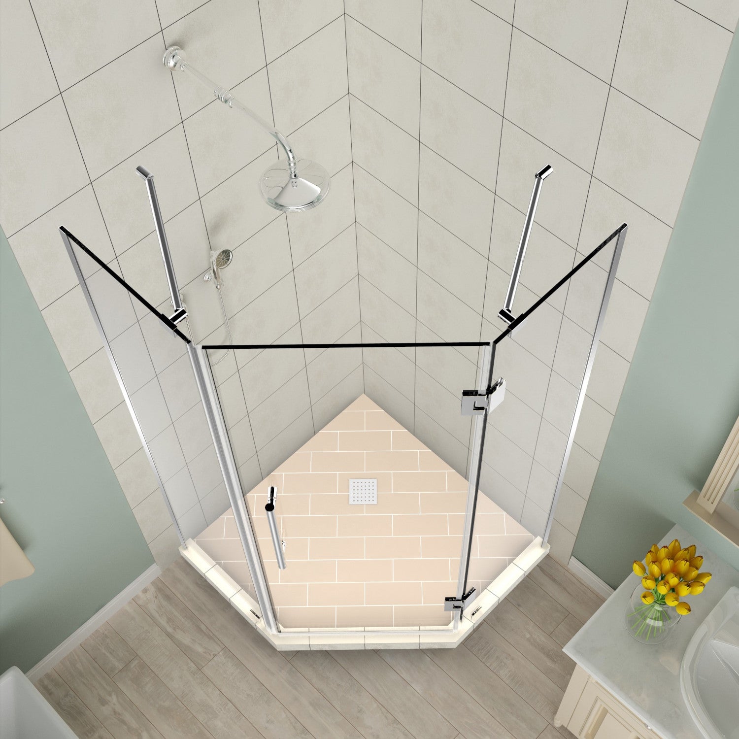 Merrick 42 in. W x 42 in. D x 72 in. H Frameless Neo-Angle Hinged Shower Enclosure with Clear Glass in Chrome 2