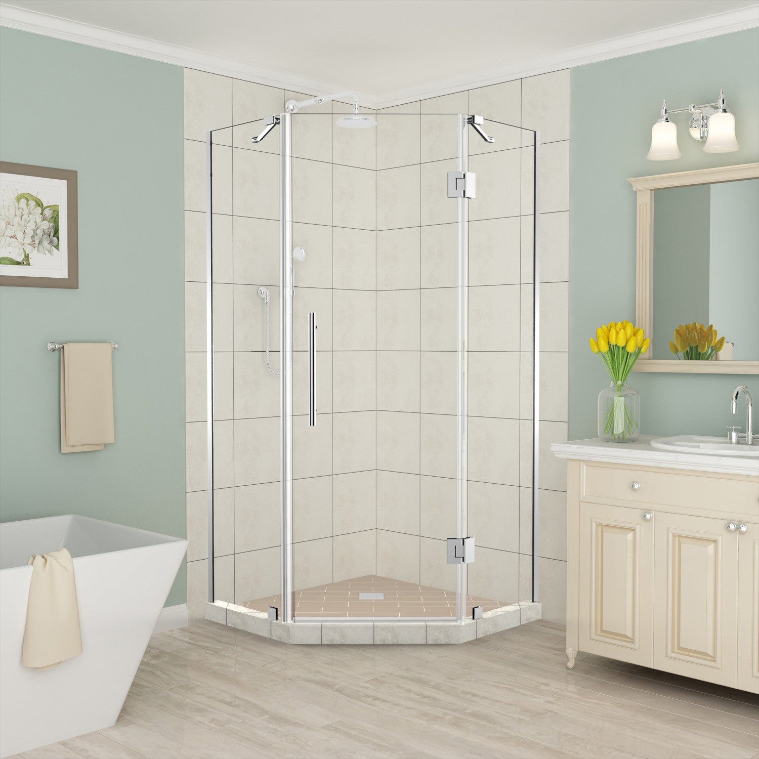 Merrick 42 in. W x 42 in. D x 72 in. H Frameless Neo-Angle Hinged Shower Enclosure with Clear Glass in Chrome 1