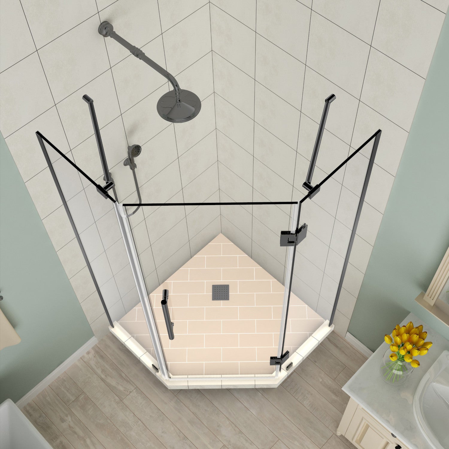 Merrick 38 in. W x 38 in. D x 72 in. H Frameless Neo-Angle Hinged Shower Enclosure with Clear Glass in Matte Black 2