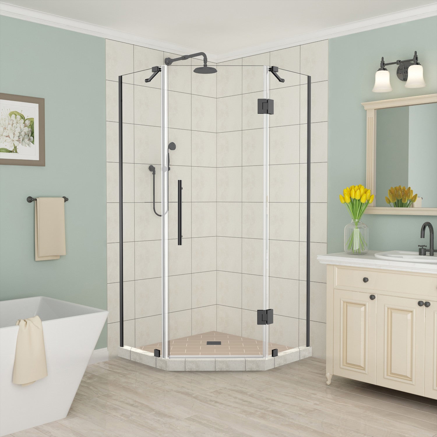 Merrick 38 in. W x 38 in. D x 72 in. H Frameless Neo-Angle Hinged Shower Enclosure with Clear Glass in Matte Black 1