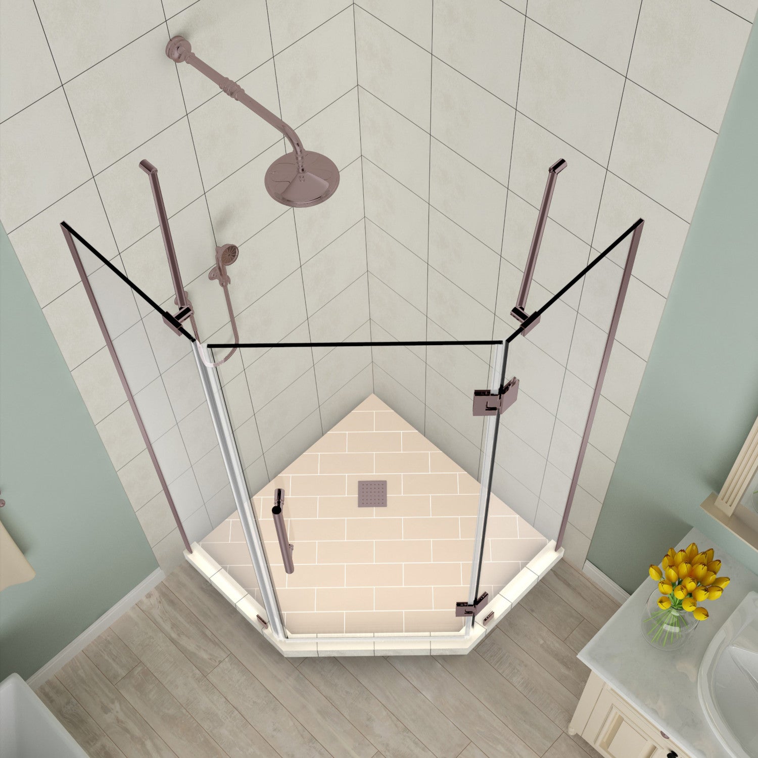 Merrick 40 in. W x 40 in. D x 72 in. H Frameless Neo-Angle Hinged Shower Enclosure with Clear Glass in Bronze 2