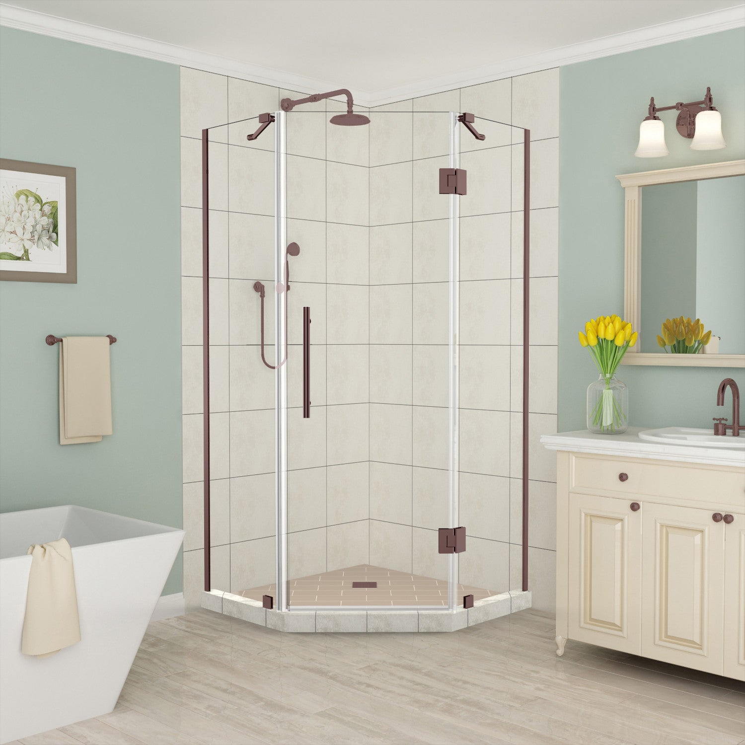 Merrick 42 in. W x 42 in. D x 72 in. H Frameless Neo-Angle Hinged Shower Enclosure with Clear Glass in Bronze 1