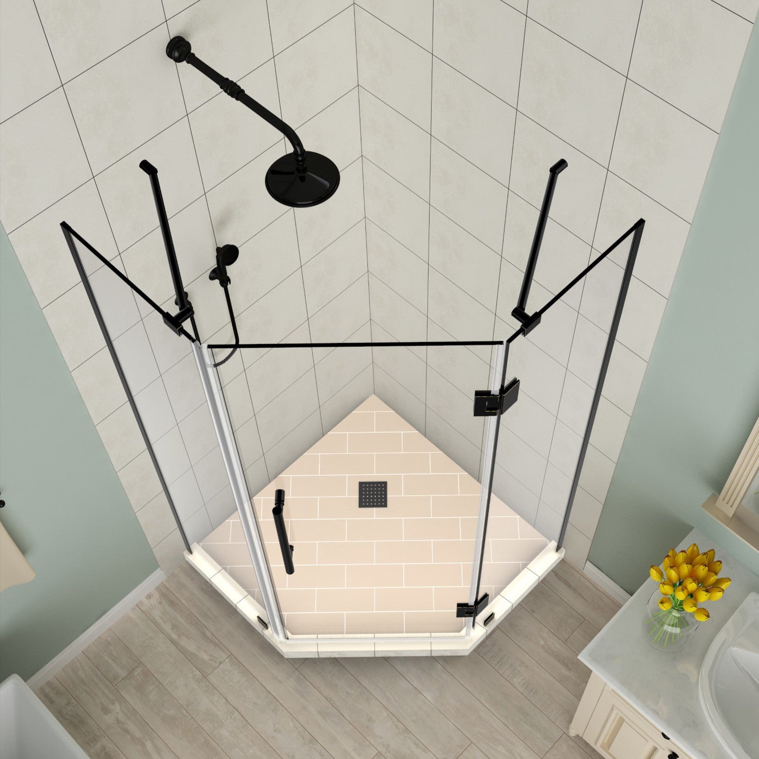 Merrick 38 in. W x 38 in. D x 72 in. H Frameless Neo-Angle Hinged Shower Enclosure with Clear Glass in Oil Rubbed Bronze 2