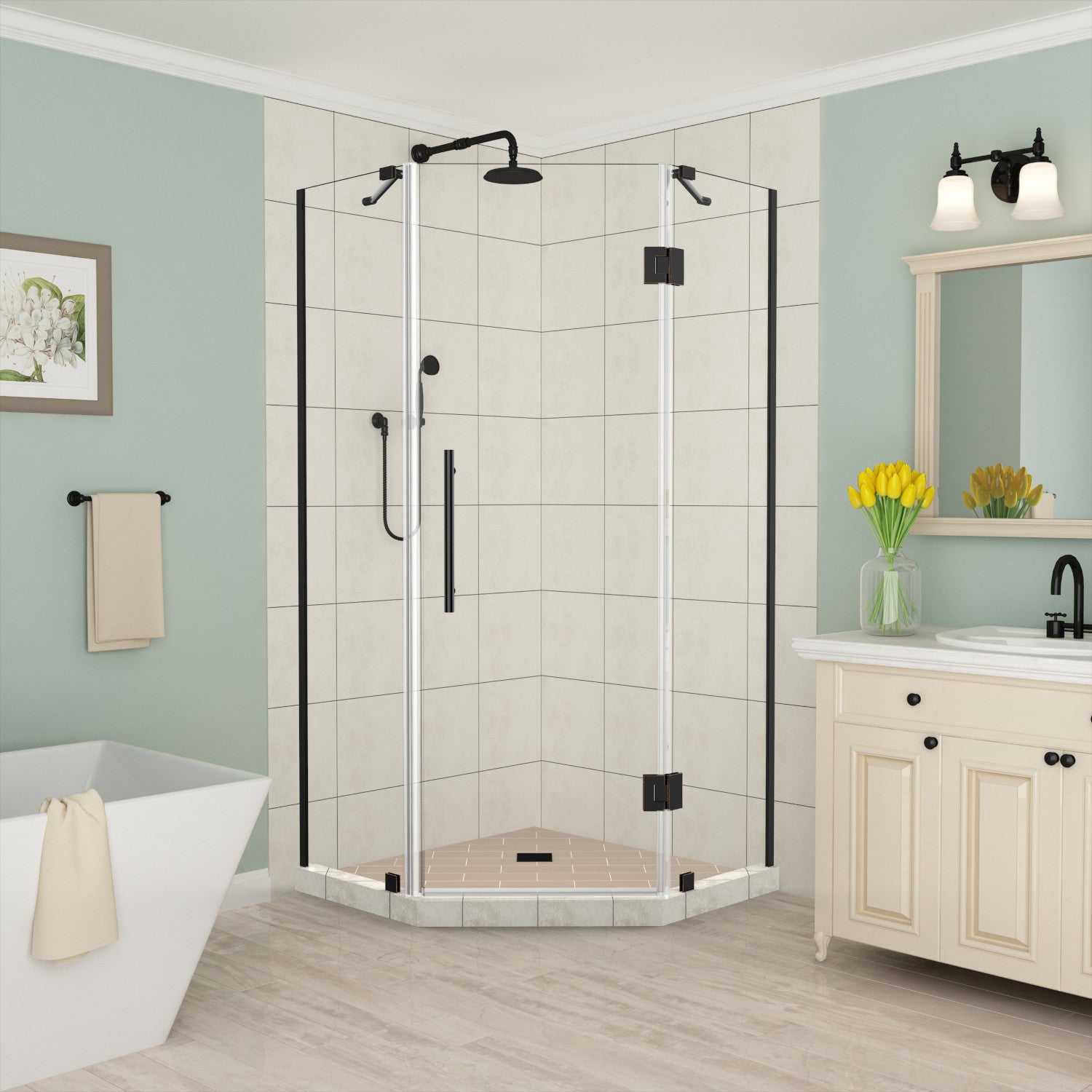 Merrick 40 in. W x 40 in. D x 72 in. H Frameless Neo-Angle Hinged Shower Enclosure with Clear Glass in Oil Rubbed Bronze 1