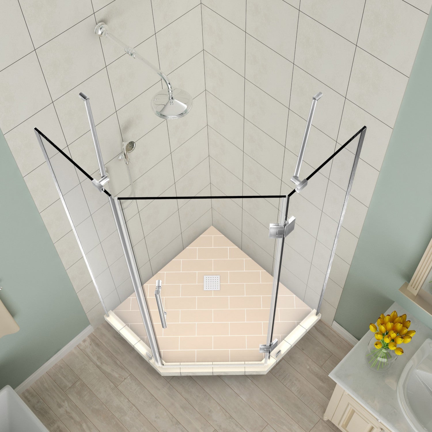 Merrick 38 in. W x 38 in. D x 72 in. H Frameless Neo-Angle Hinged Shower Enclosure with Clear Glass in Stainless Steel 2