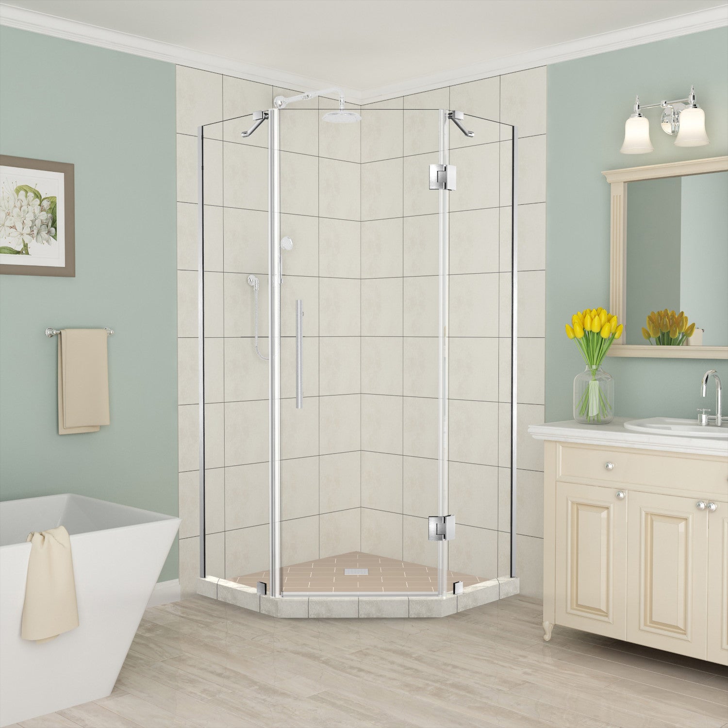 Merrick 40 in. W x 40 in. D x 72 in. H Frameless Neo-Angle Hinged Shower Enclosure with Clear Glass in Stainless Steel 1