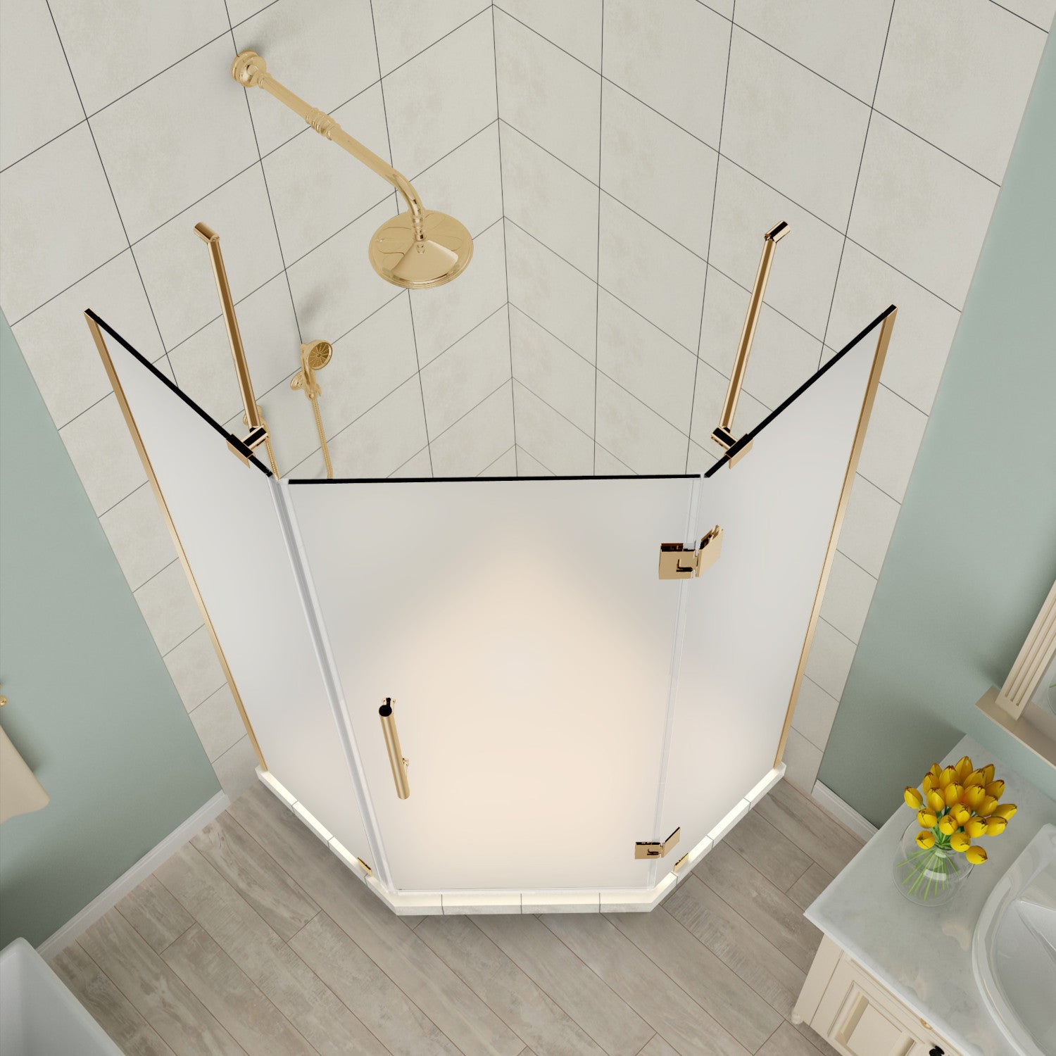Merrick 36 in. W x 36 in. D x 72 in. H Frameless Neo-Angle Hinged Shower Enclosure with Frosted Glass in Brushed Gold 2