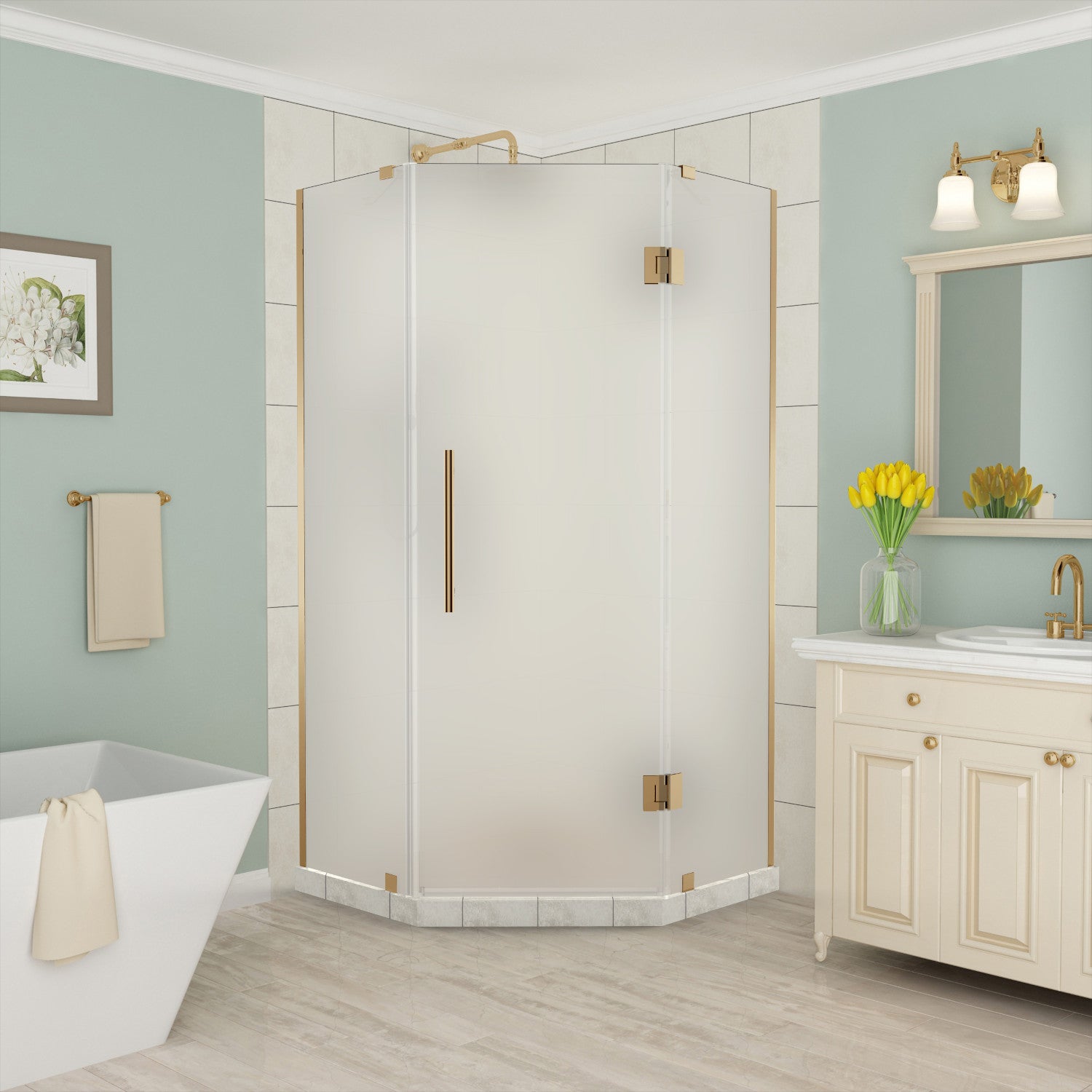 Merrick 40 in. W x 40 in. D x 72 in. H Frameless Neo-Angle Hinged Shower Enclosure with Frosted Glass in Brushed Gold 1
