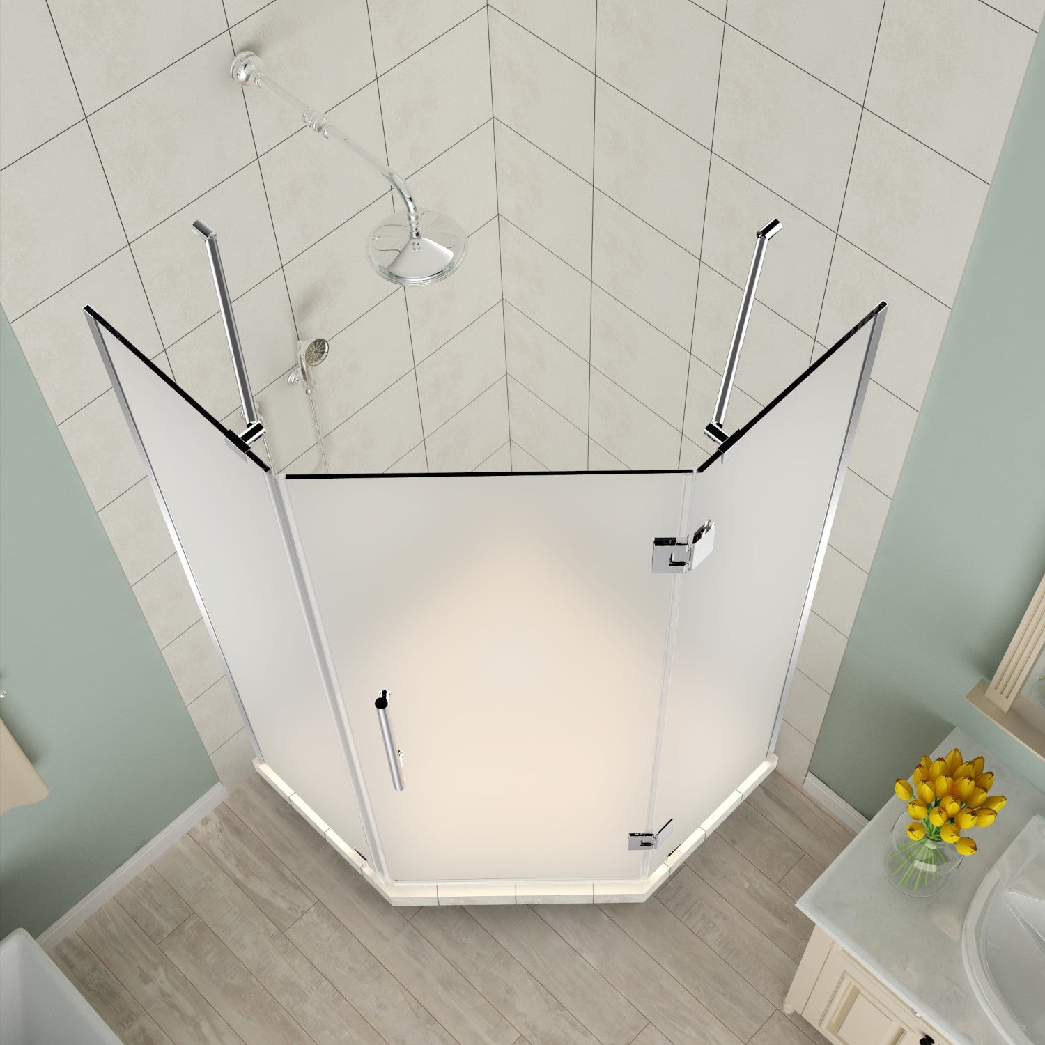 Merrick 42 in. W x 42 in. D x 72 in. H Frameless Neo-Angle Hinged Shower Enclosure with Frosted Glass in Chrome 2