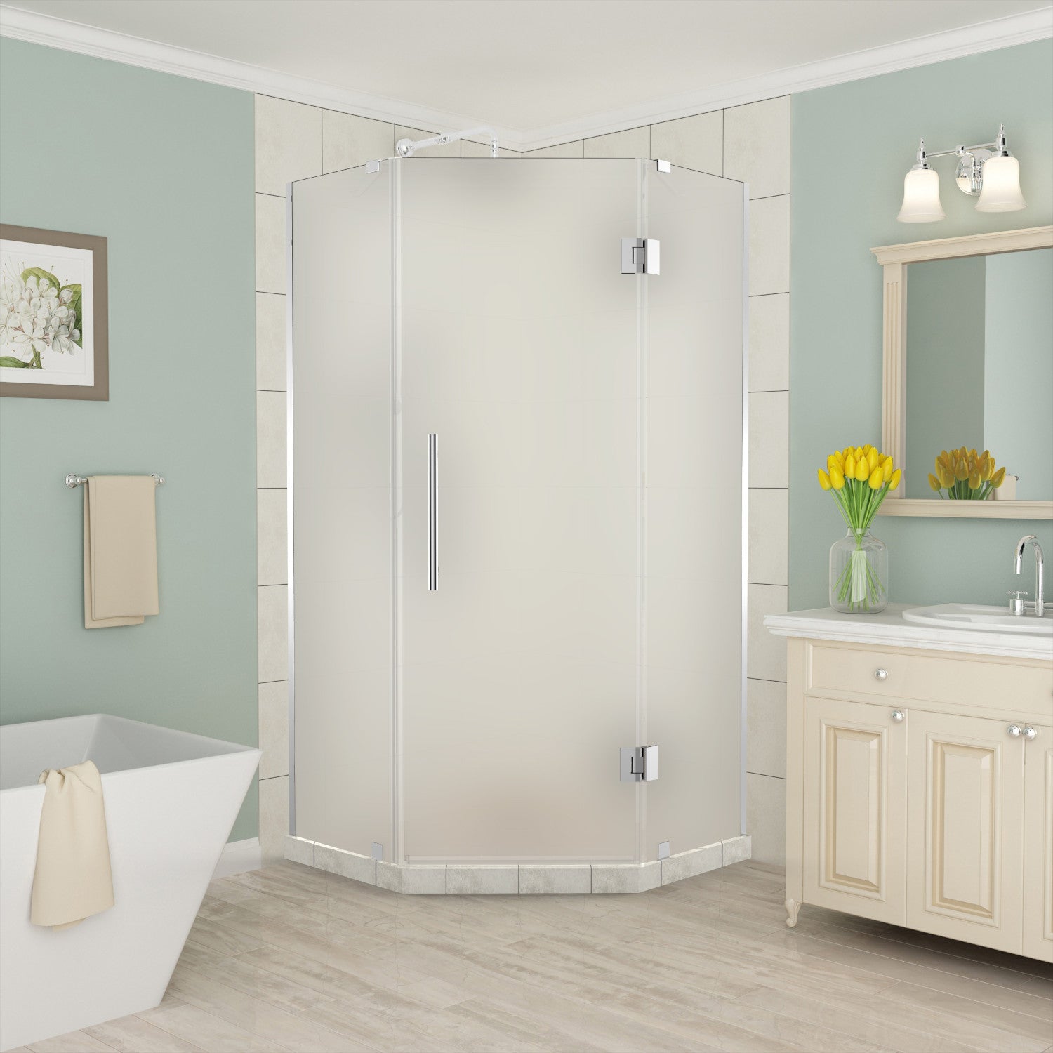 Merrick 40 in. W x 40 in. D x 72 in. H Frameless Neo-Angle Hinged Shower Enclosure with Frosted Glass in Chrome 1