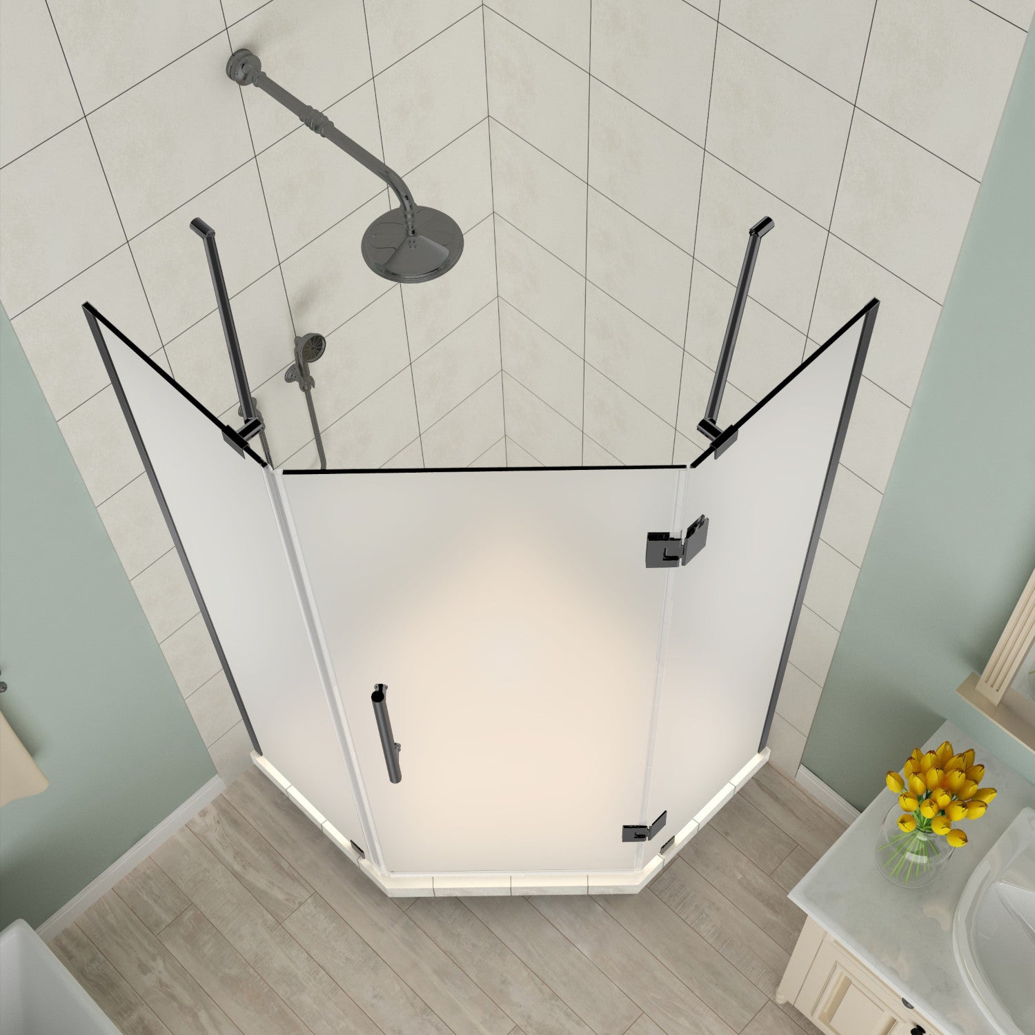 Merrick 38 in. W x 38 in. D x 72 in. H Frameless Neo-Angle Hinged Shower Enclosure with Frosted Glass in Matte Black 2
