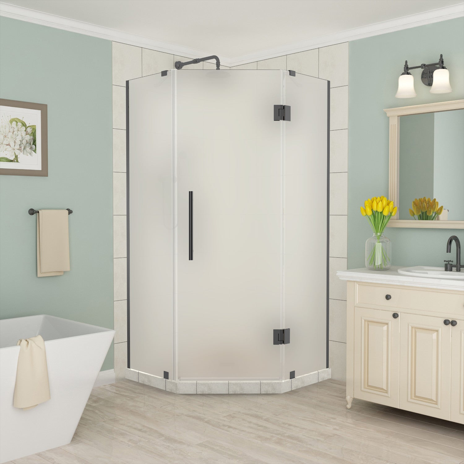 Merrick 40 in. W x 40 in. D x 72 in. H Frameless Neo-Angle Hinged Shower Enclosure with Frosted Glass in Matte Black 1