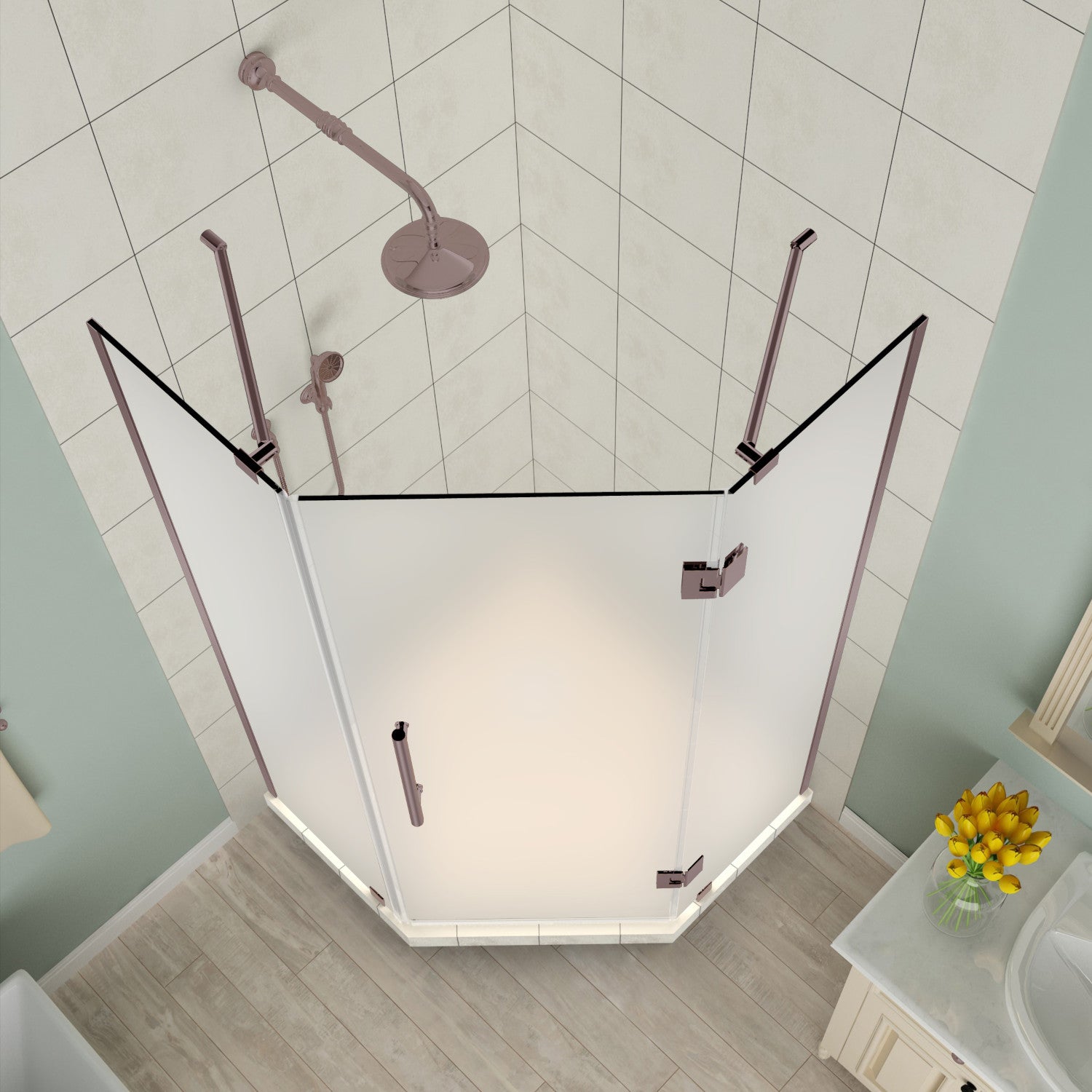 Merrick 38 in. W x 38 in. D x 72 in. H Frameless Neo-Angle Hinged Shower Enclosure with Frosted Glass in Bronze 2