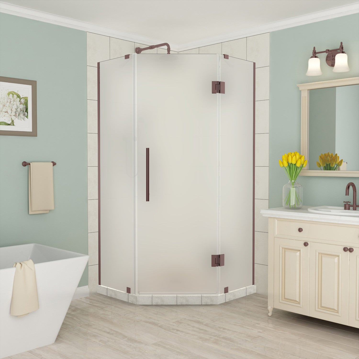 Merrick 42 in. W x 42 in. D x 72 in. H Frameless Neo-Angle Hinged Shower Enclosure with Frosted Glass in Bronze 1