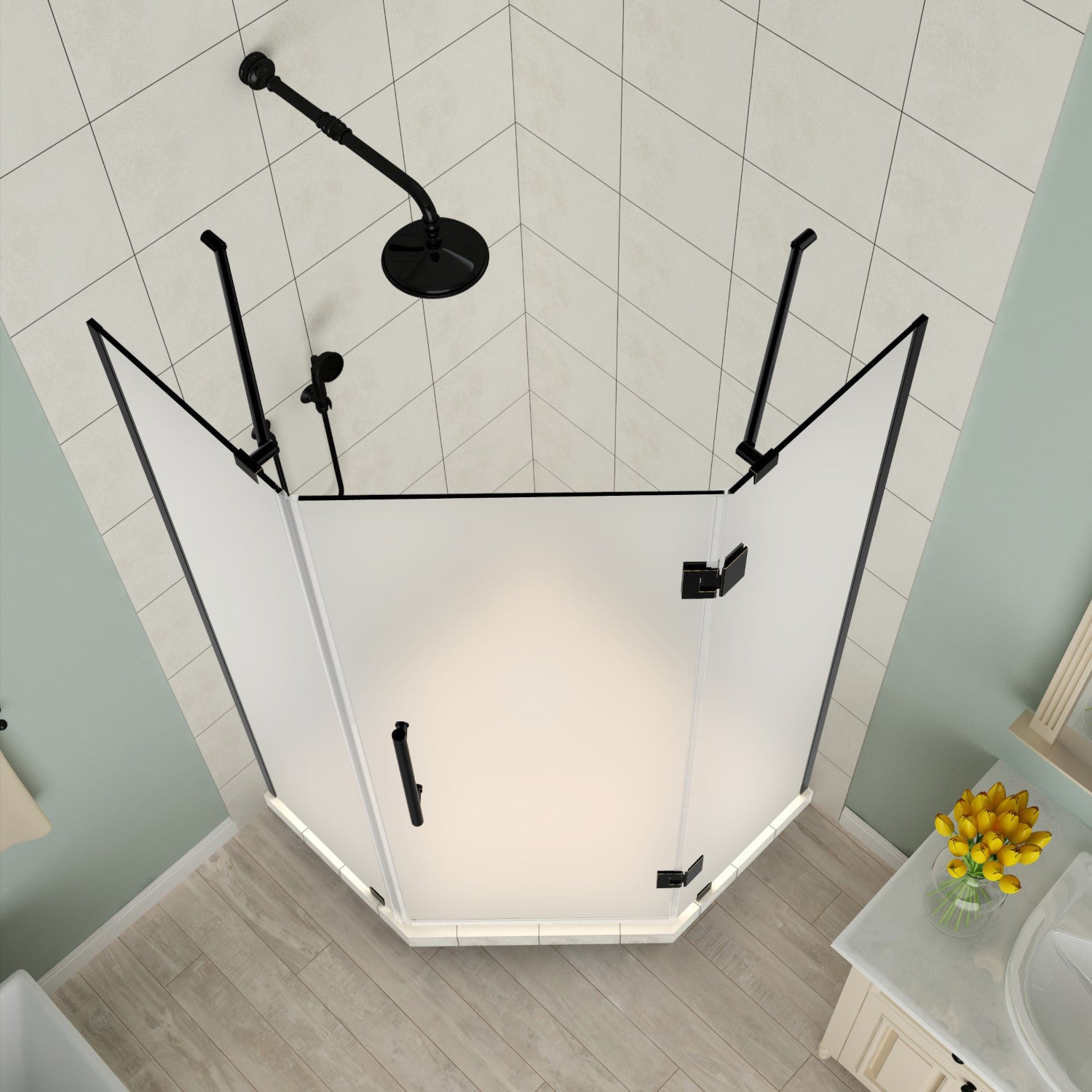Merrick 40 in. W x 40 in. D x 72 in. H Frameless Neo-Angle Hinged Shower Enclosure with Frosted Glass in Oil Rubbed Bronze 2
