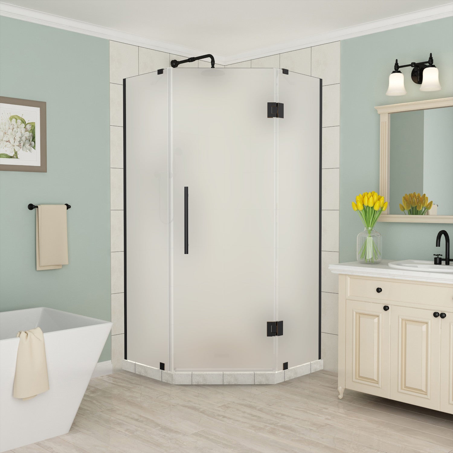 Merrick 42 in. W x 42 in. D x 72 in. H Frameless Neo-Angle Hinged Shower Enclosure with Frosted Glass in Oil Rubbed Bronze 1