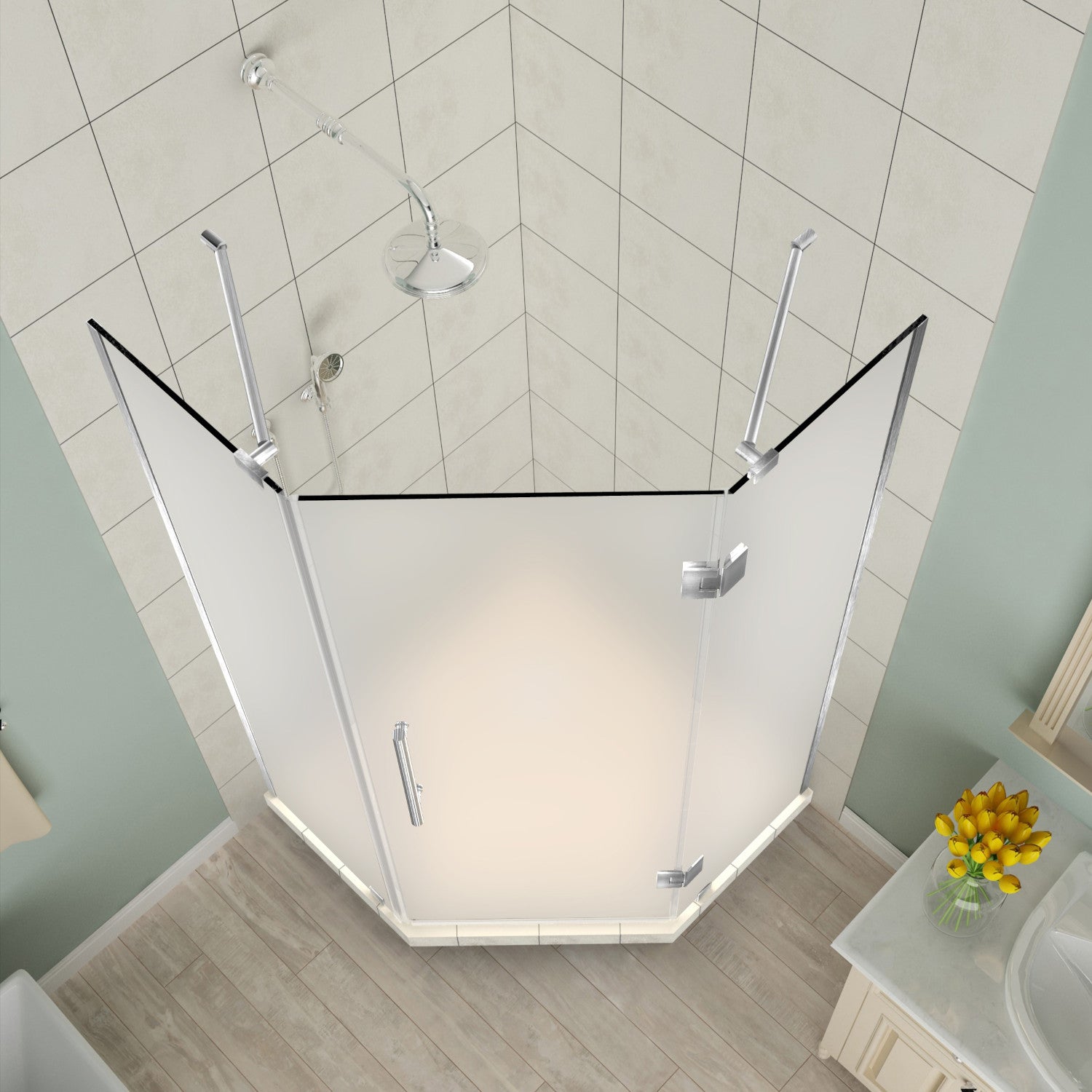 Merrick 42 in. W x 42 in. D x 72 in. H Frameless Neo-Angle Hinged Shower Enclosure with Frosted Glass in Stainless Steel 2